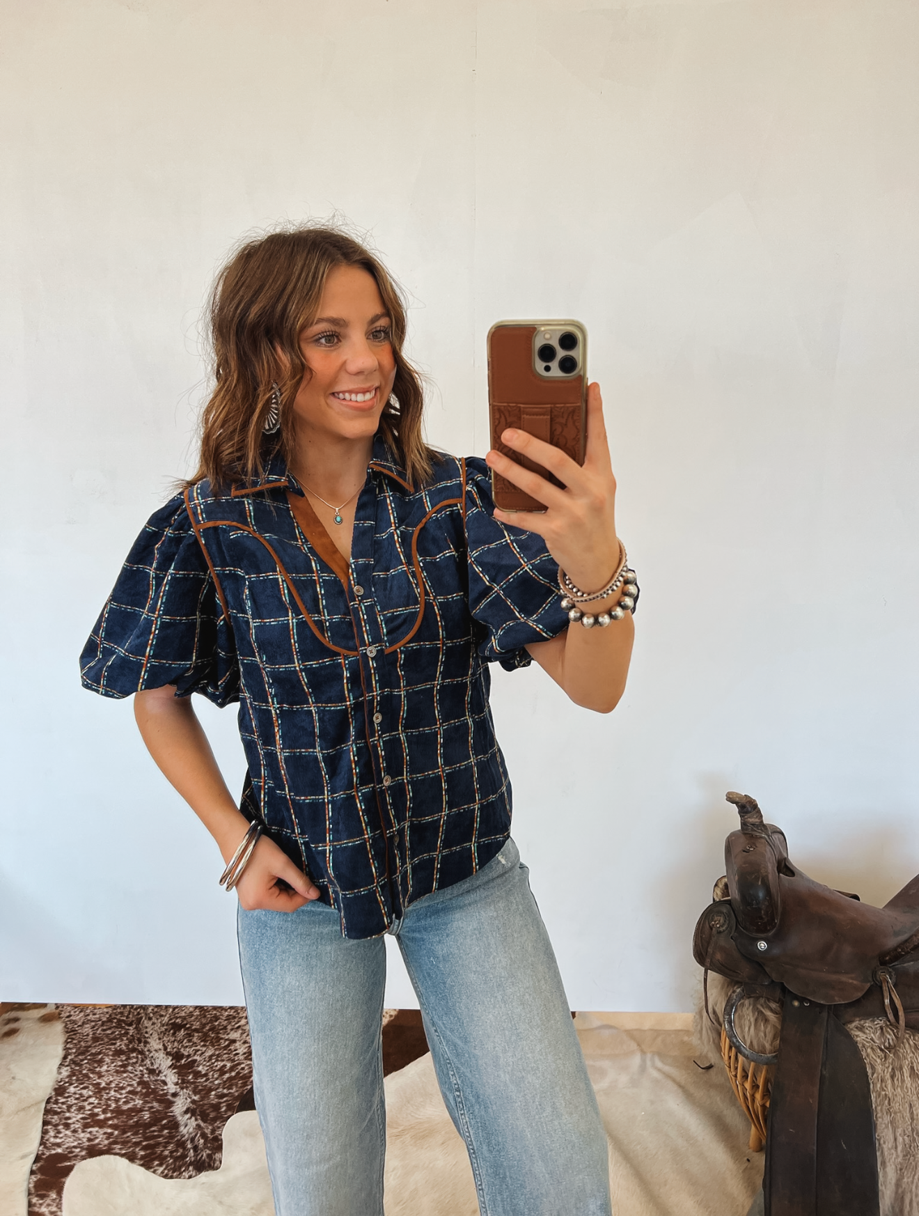 Plaid Puff Sleeve Blouse Tops -Blouses