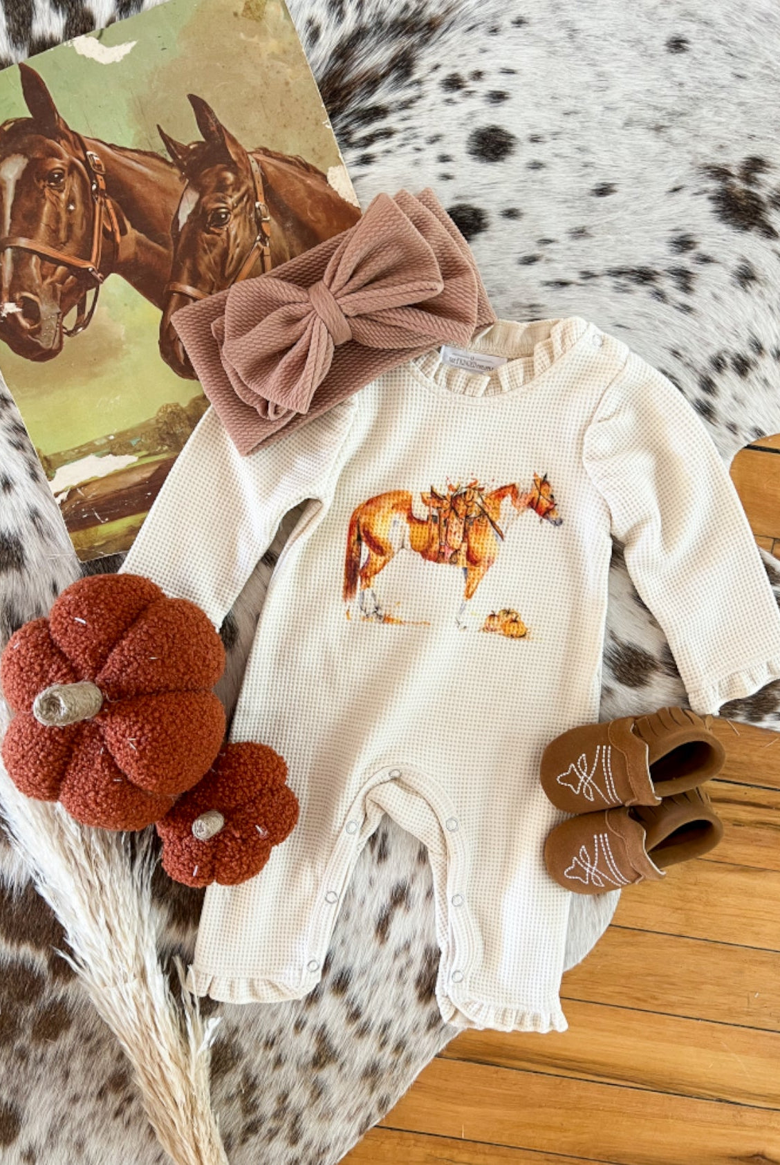Western Fall Paint Horse Graphic Design Waffle Romper(cream)(little kid)