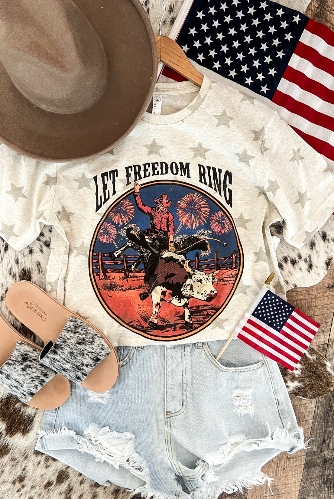 Western 4th Of July-BULLRIDER Stars Cream Tee