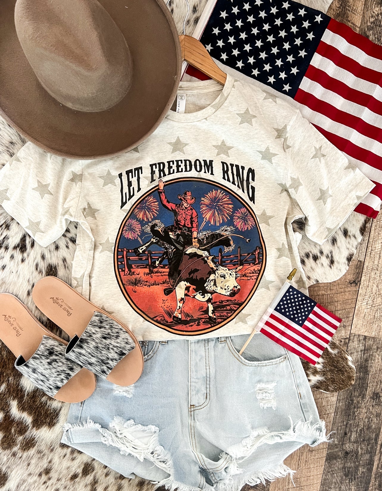 Western 4th Of July-BULLRIDER Stars Cream Tee