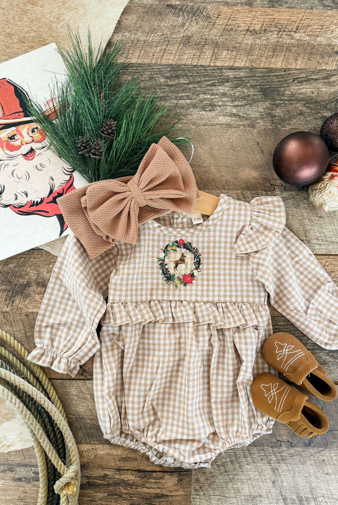 Tan Plaid Plaid Christmas Wreath Horse Romper
