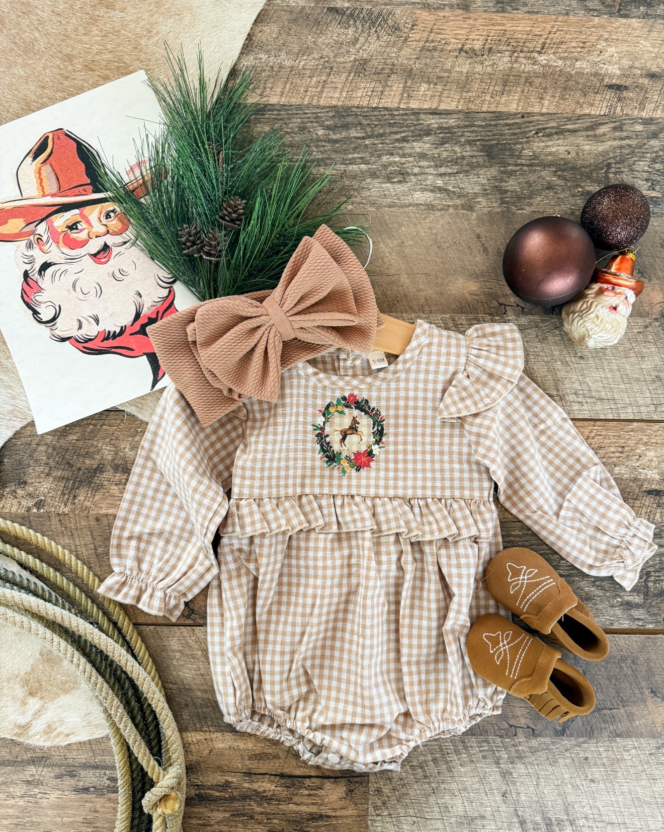 Tan Plaid Plaid Christmas Wreath Horse Romper