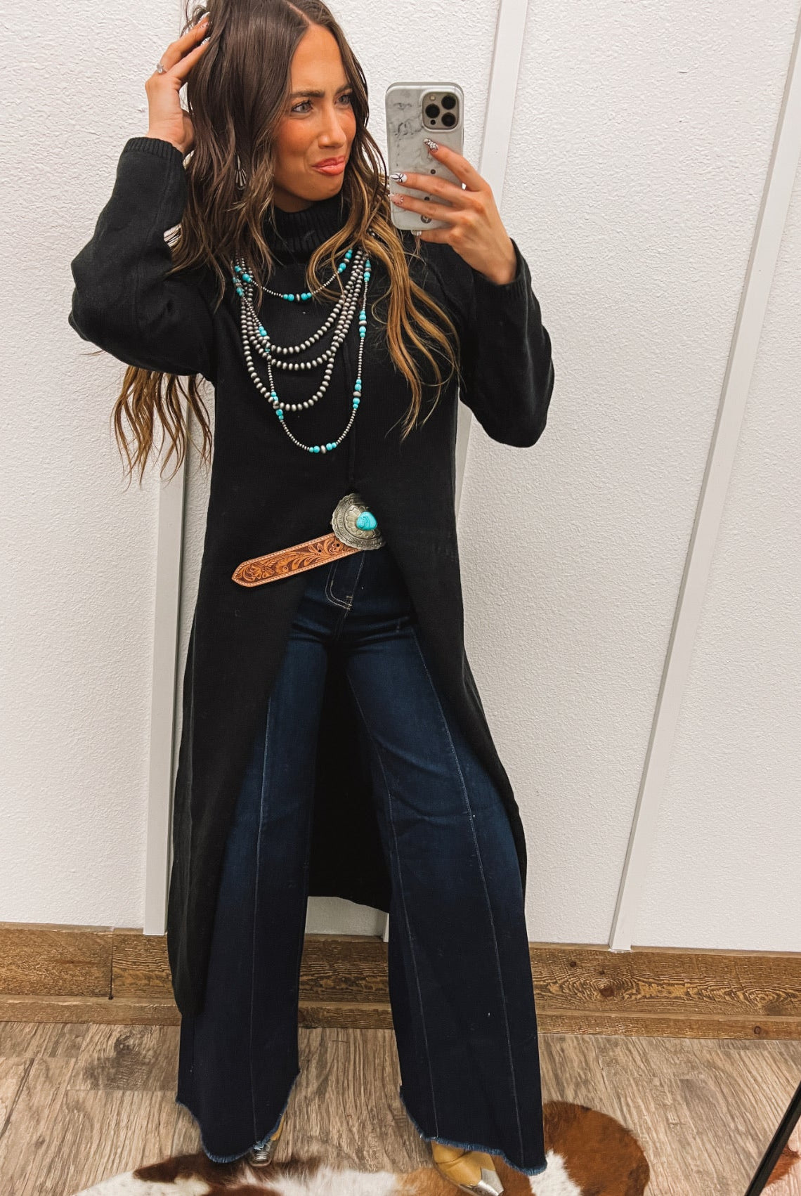 Turtle Neck Sweater Dress With Slit (Black) Tops - Sweaters