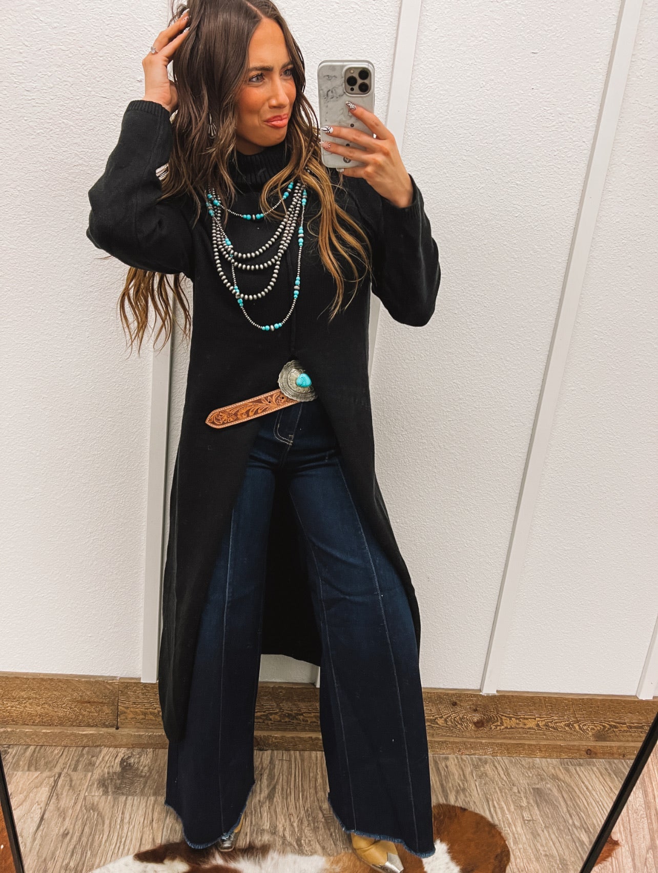 Turtle Neck Sweater Dress With Slit (Black) Tops - Sweaters