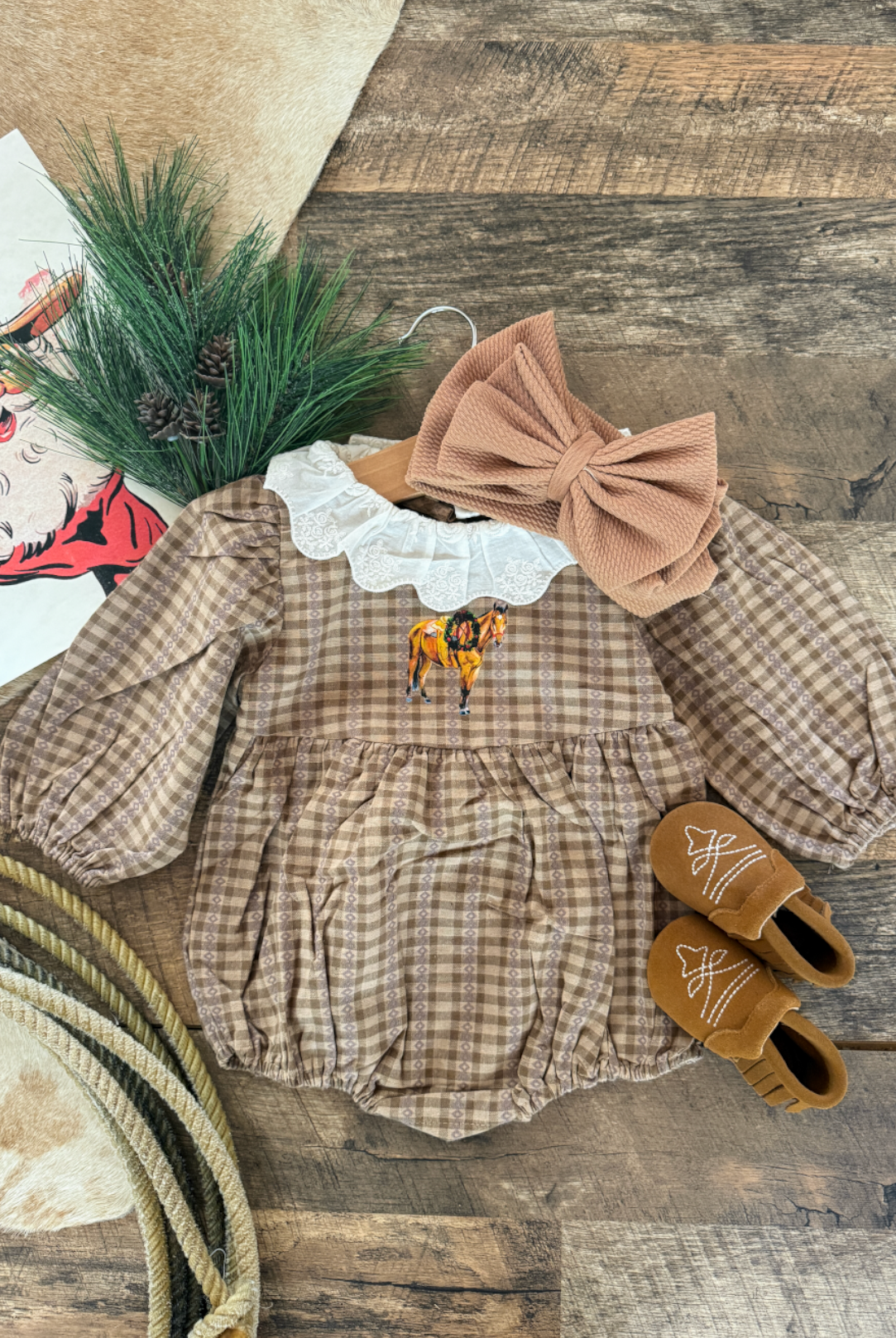 Mocha Plaid Plaid Horse Flannel Romper