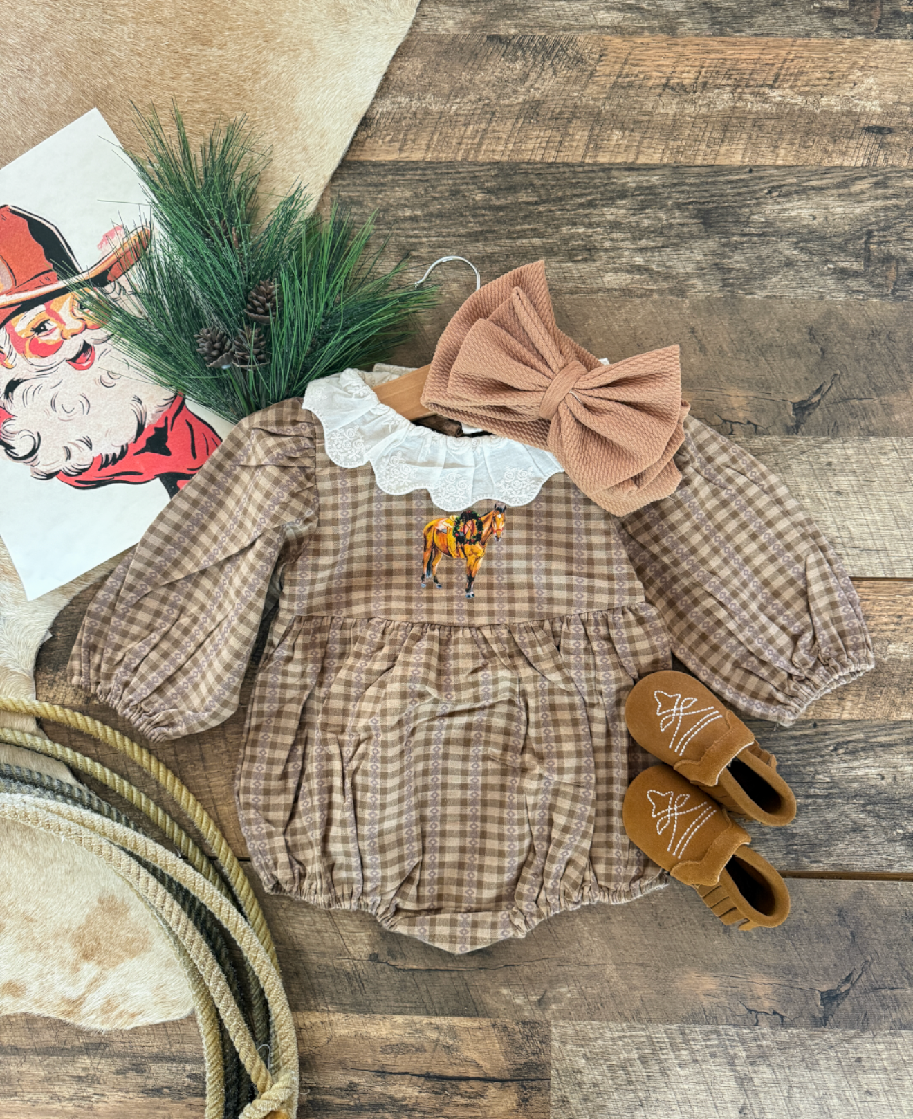Mocha Plaid Plaid Horse Flannel Romper