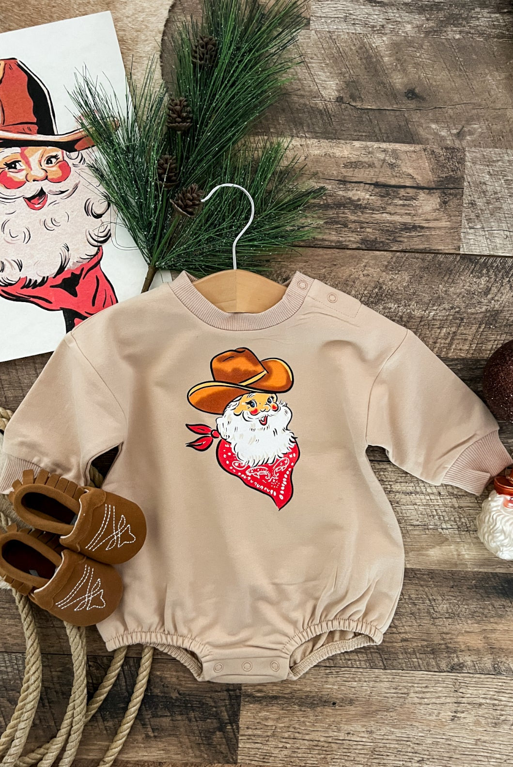 Cattleman Santa Bubble Romper (Tan)