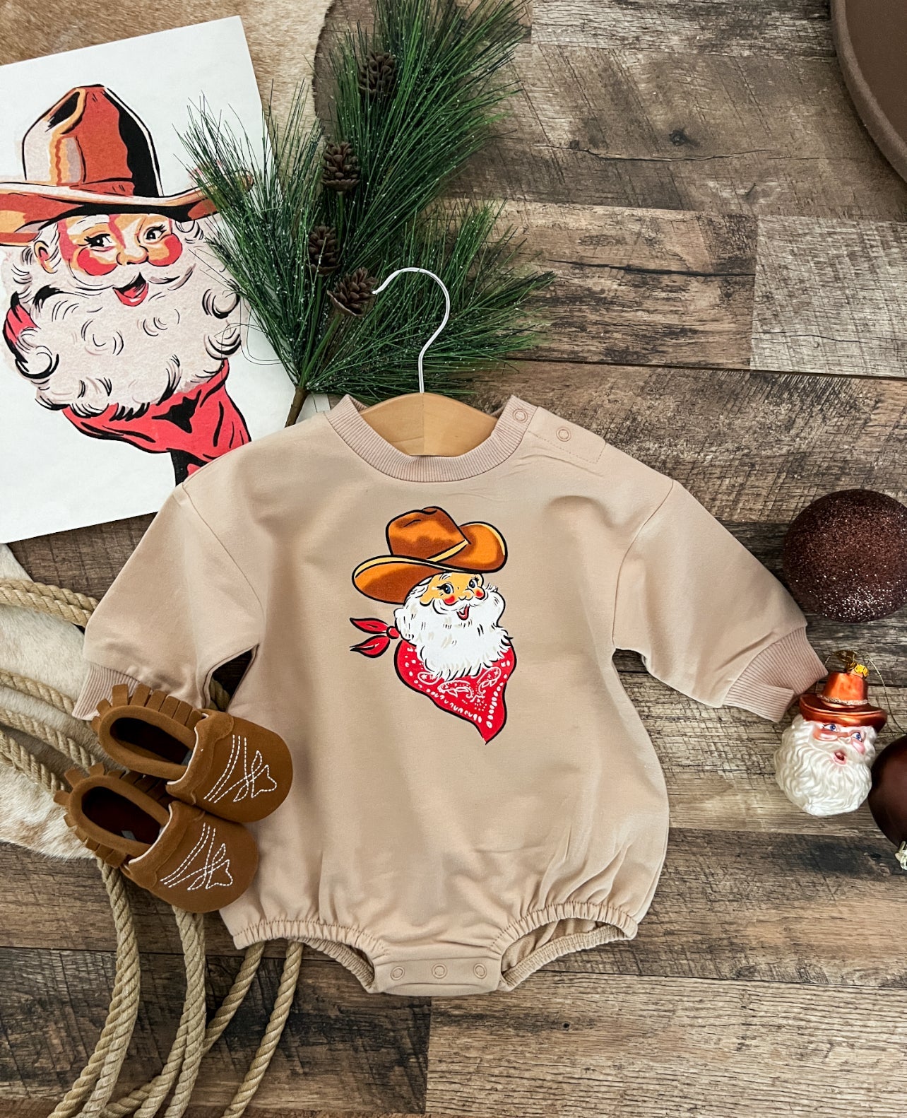Cattleman Santa Bubble Romper (Tan)