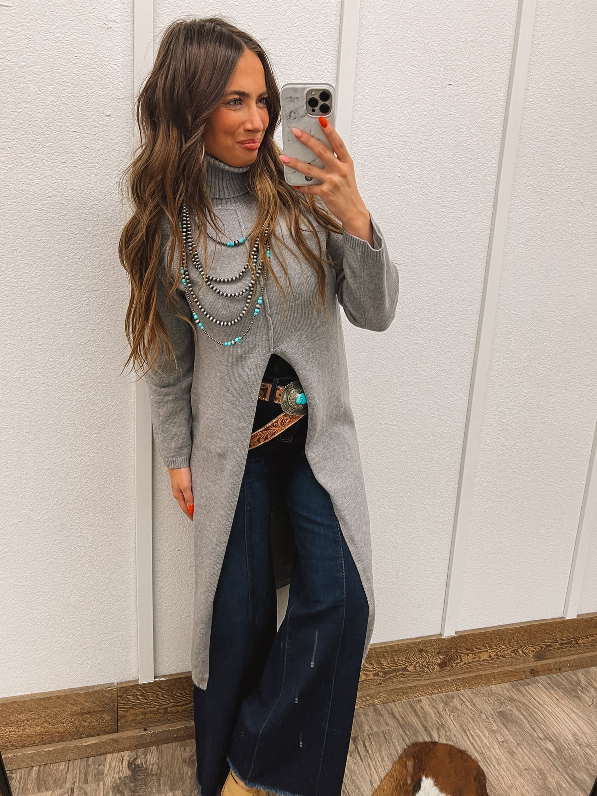 Turtle Neck Sweater Dress With Slit (Grey) Tops - Sweaters