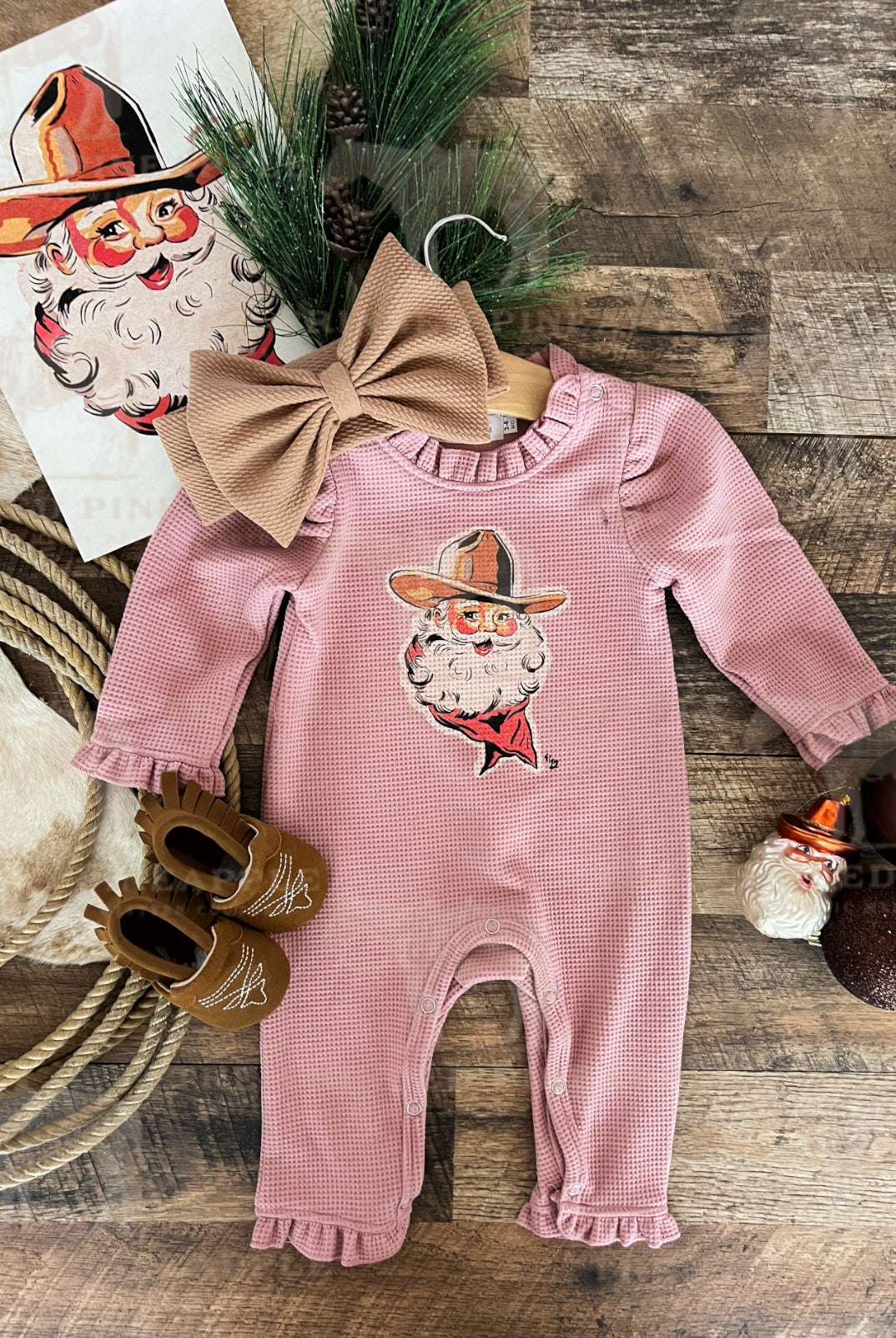 Cowboy Santa Christmas Graphic Design Waffle Romper(blush)(little kid