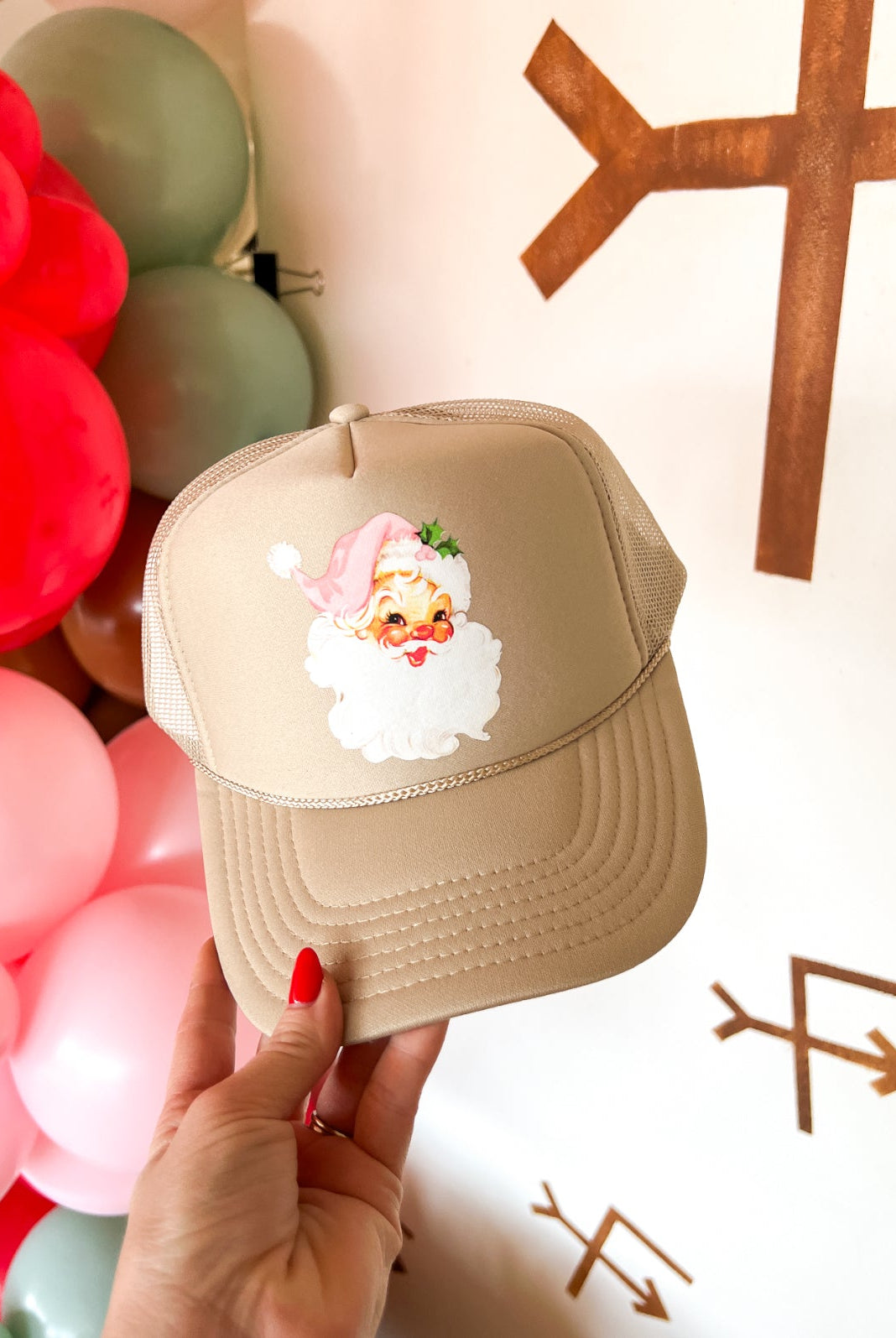 Cheerful Santa Christmas Trucker Hat (Adult) Santa - Tan