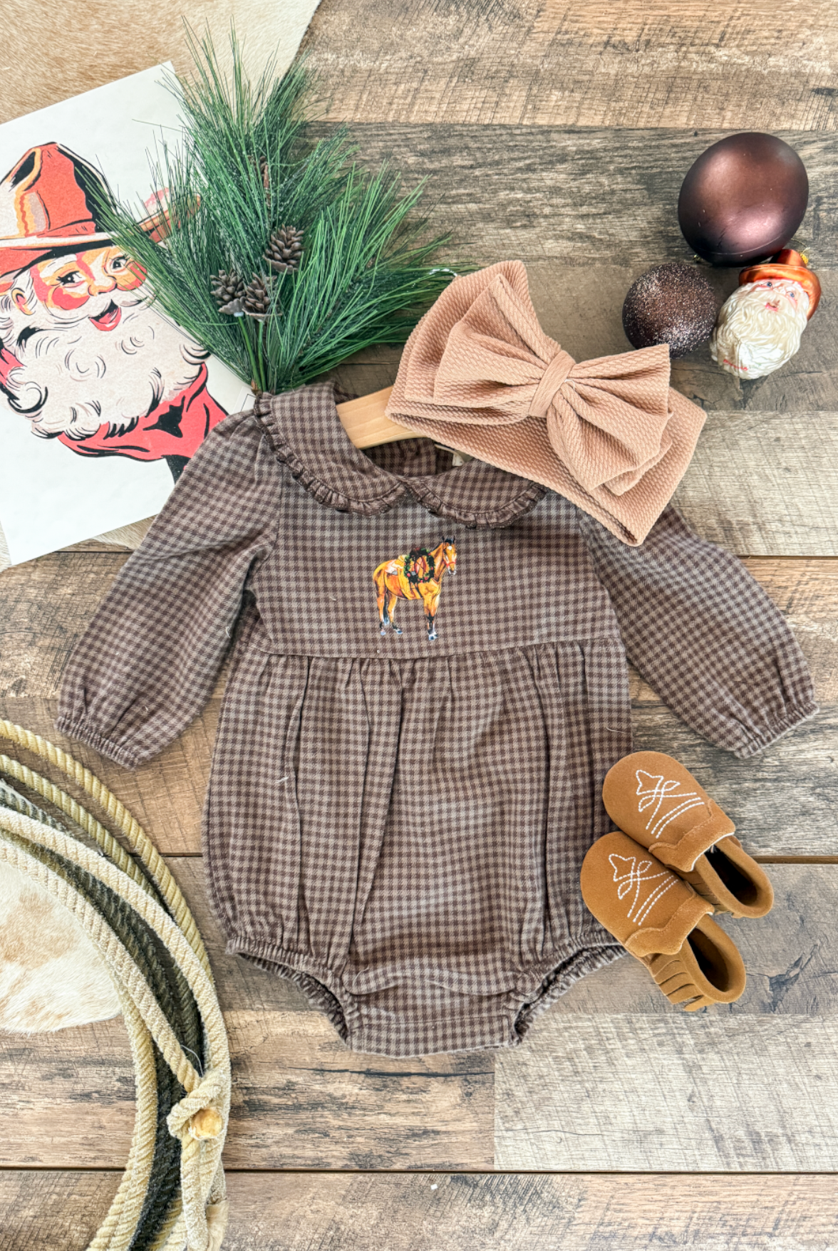 Christmas Horse Brown Plaid Romper