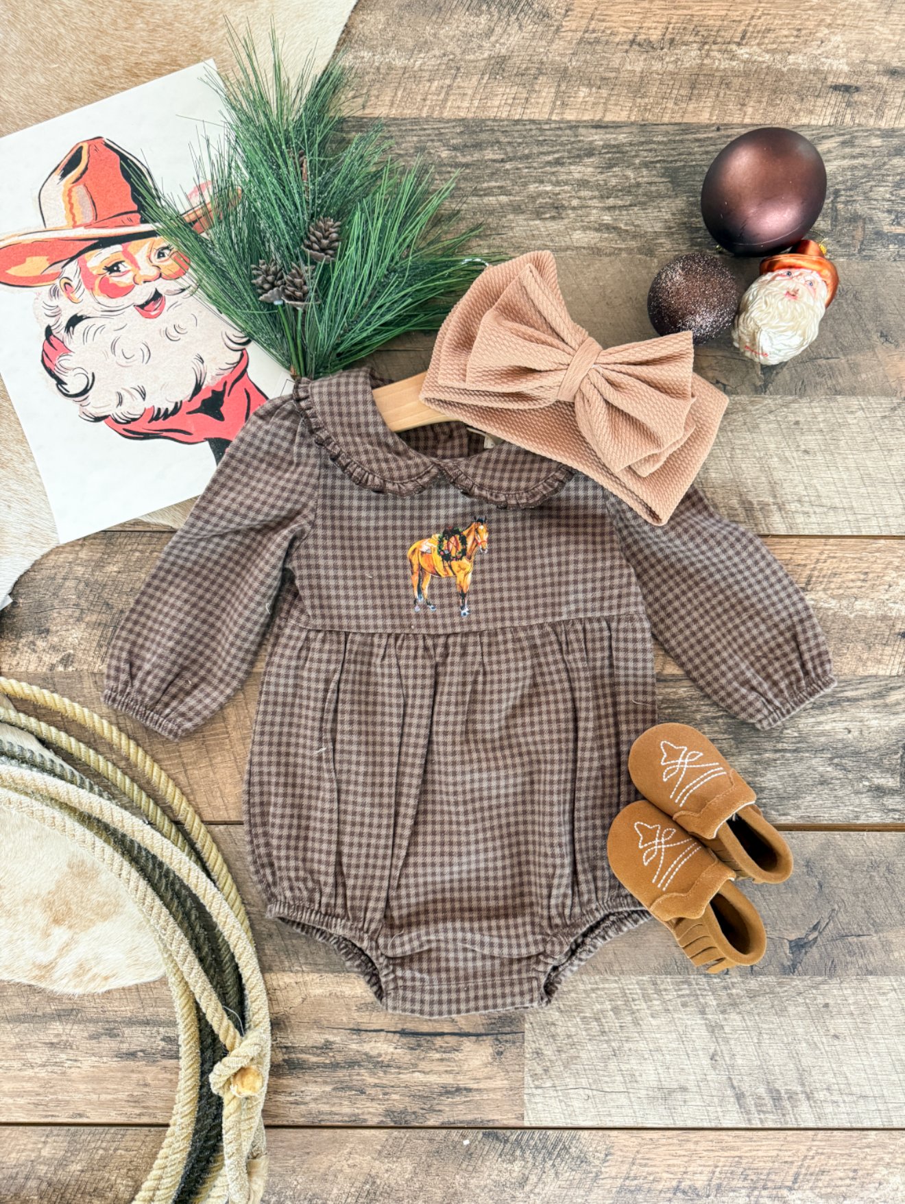Christmas Horse Brown Plaid Romper