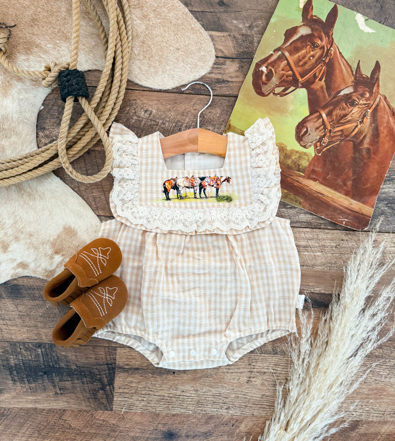 Saddle Up Horses Plaid Romper