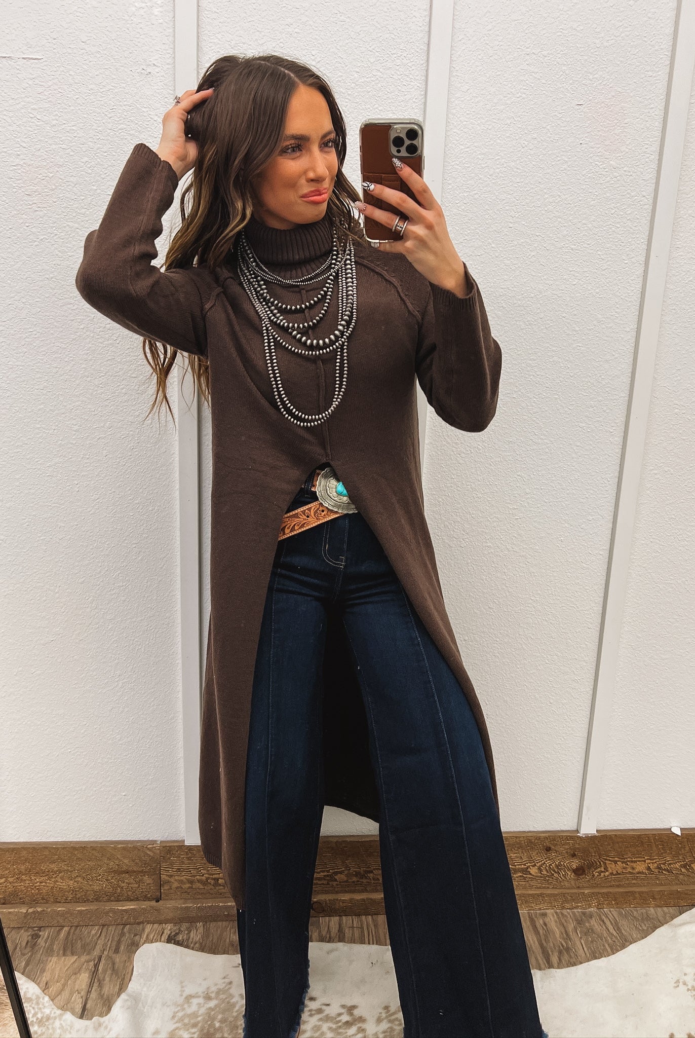 Turtle Neck Sweater Dress With Slit (Brown) Tops - Sweaters