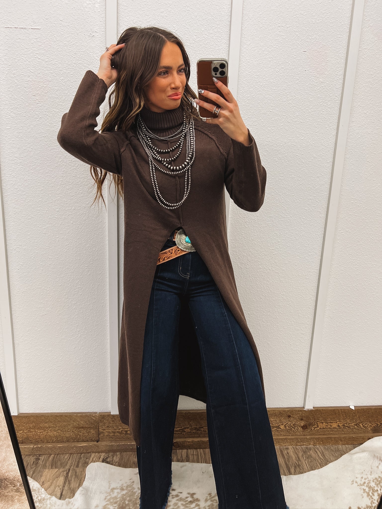 Turtle Neck Sweater Dress With Slit (Brown) Tops - Sweaters