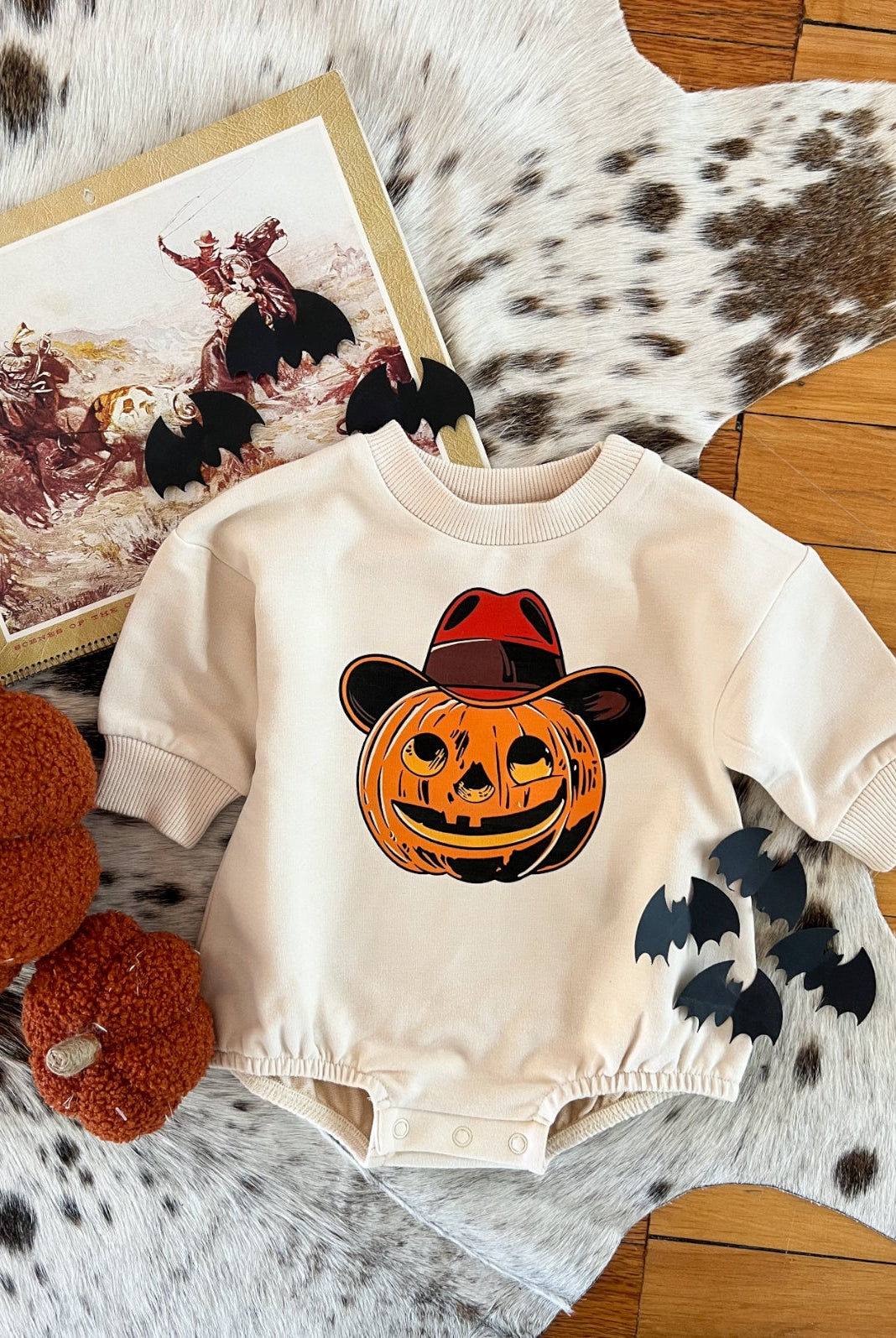 Jack-o-cowboy Western Halloween Bubble Romper (cream)