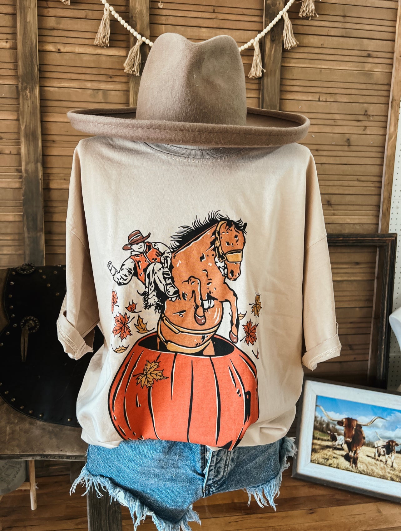 Fall Pumpkin Bronc Cowboy Distressed Tee (taupe)