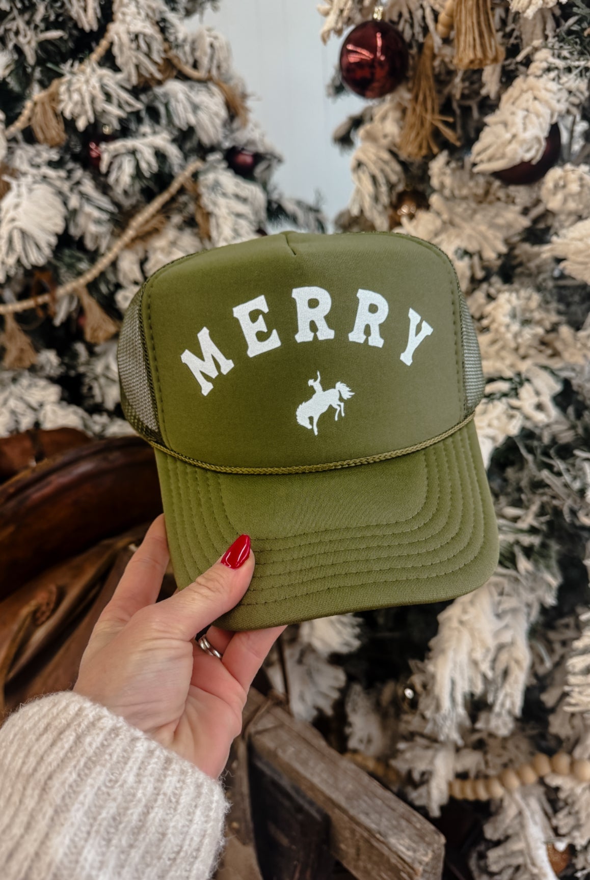 Merry Bronc Christmas Trucker Hat (Adult)(RED)