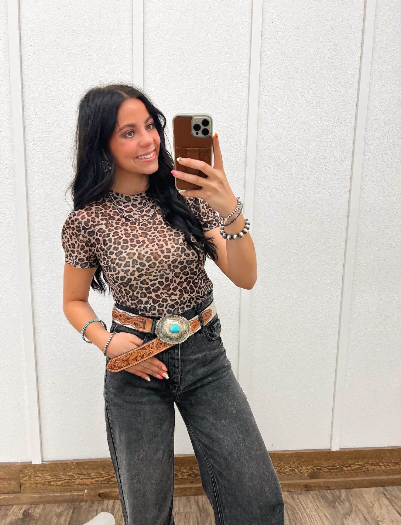 Leopard Puff Sleeve Mesh Top