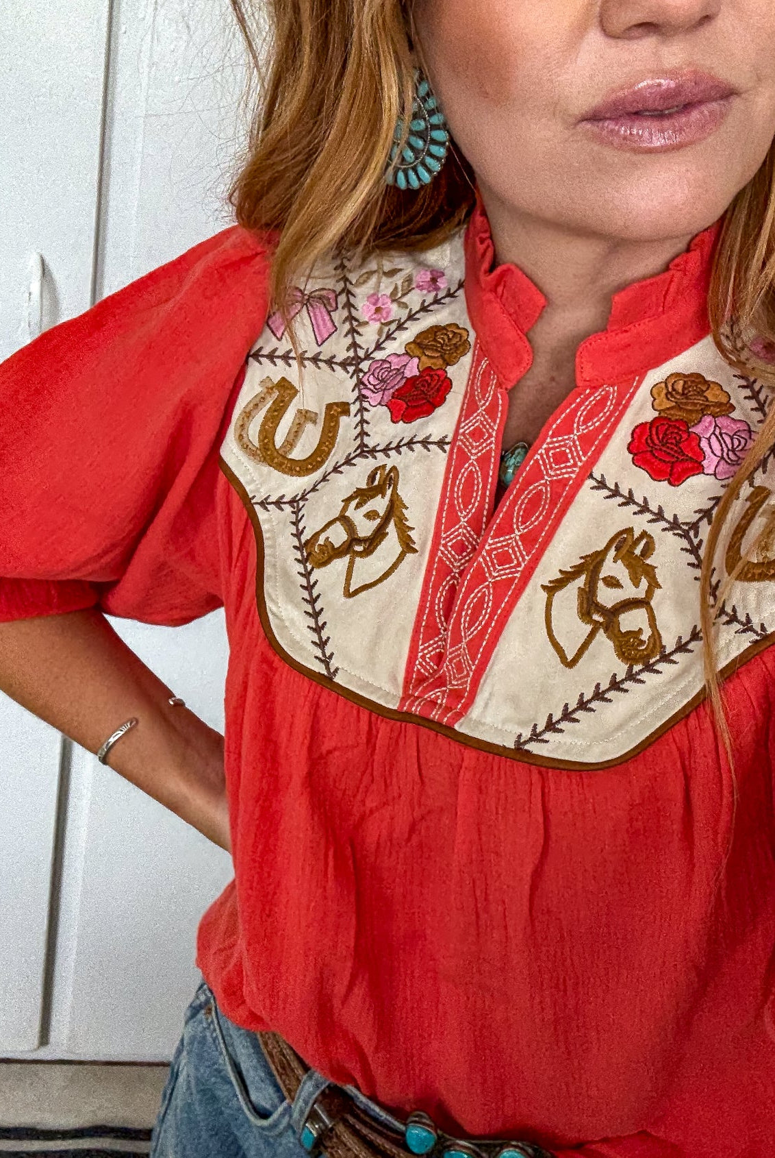 Lucky Cowgirl Puff Sleeve Blouse Tops -Blouses