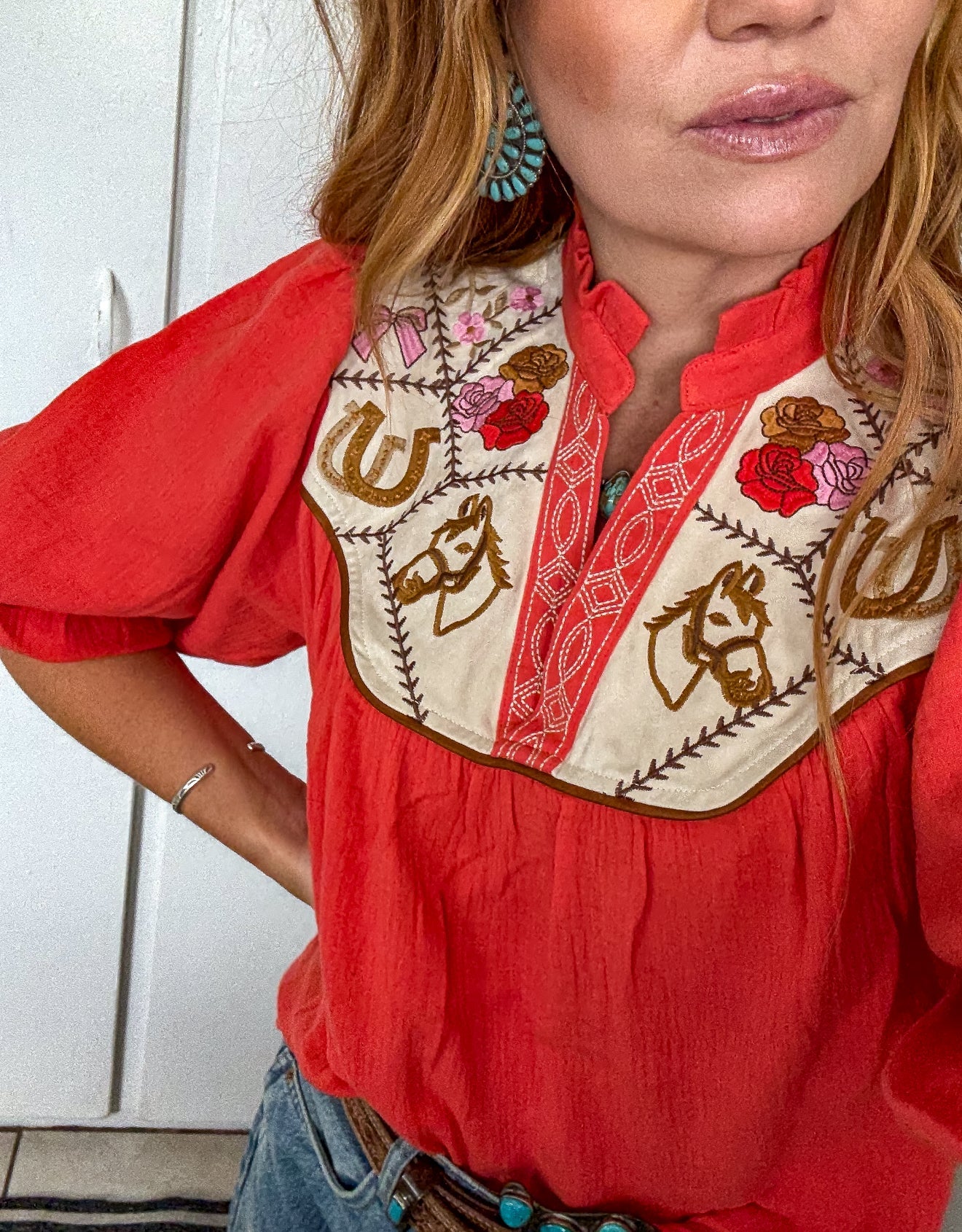 Lucky Cowgirl Puff Sleeve Blouse Tops -Blouses