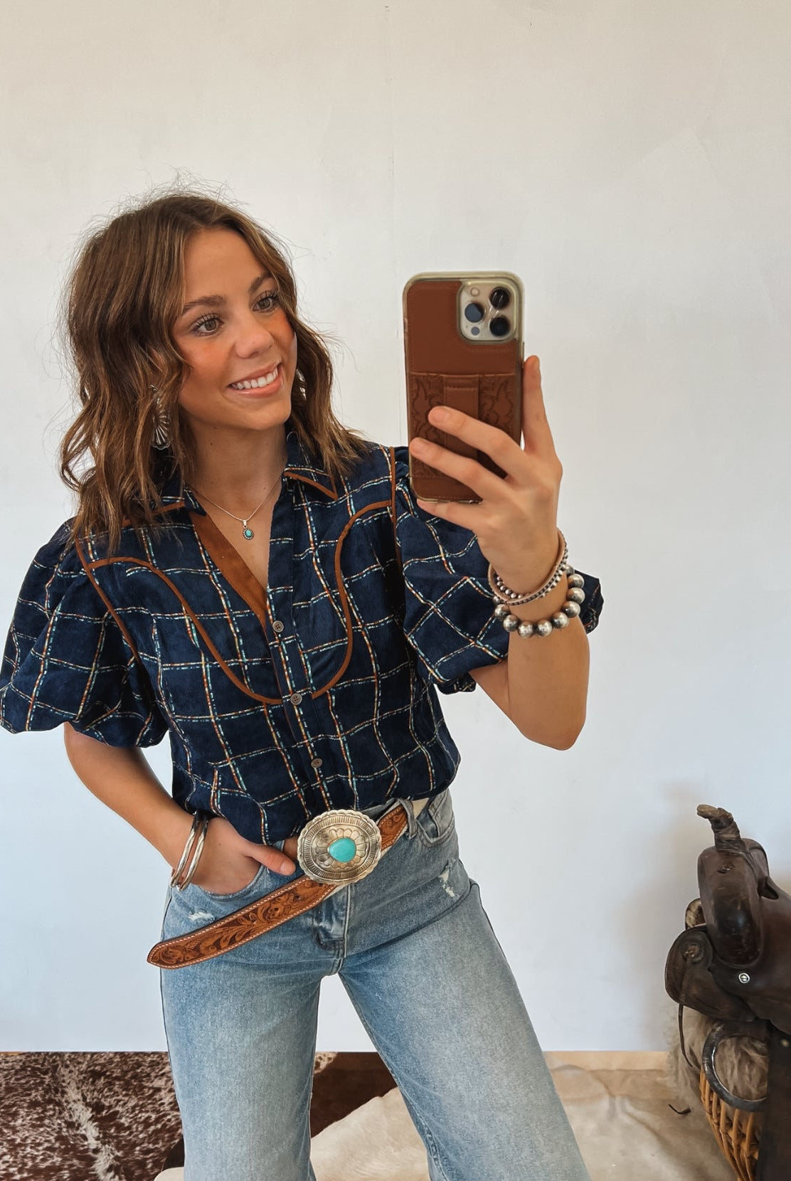 Plaid Puff Sleeve Blouse Tops -Blouses
