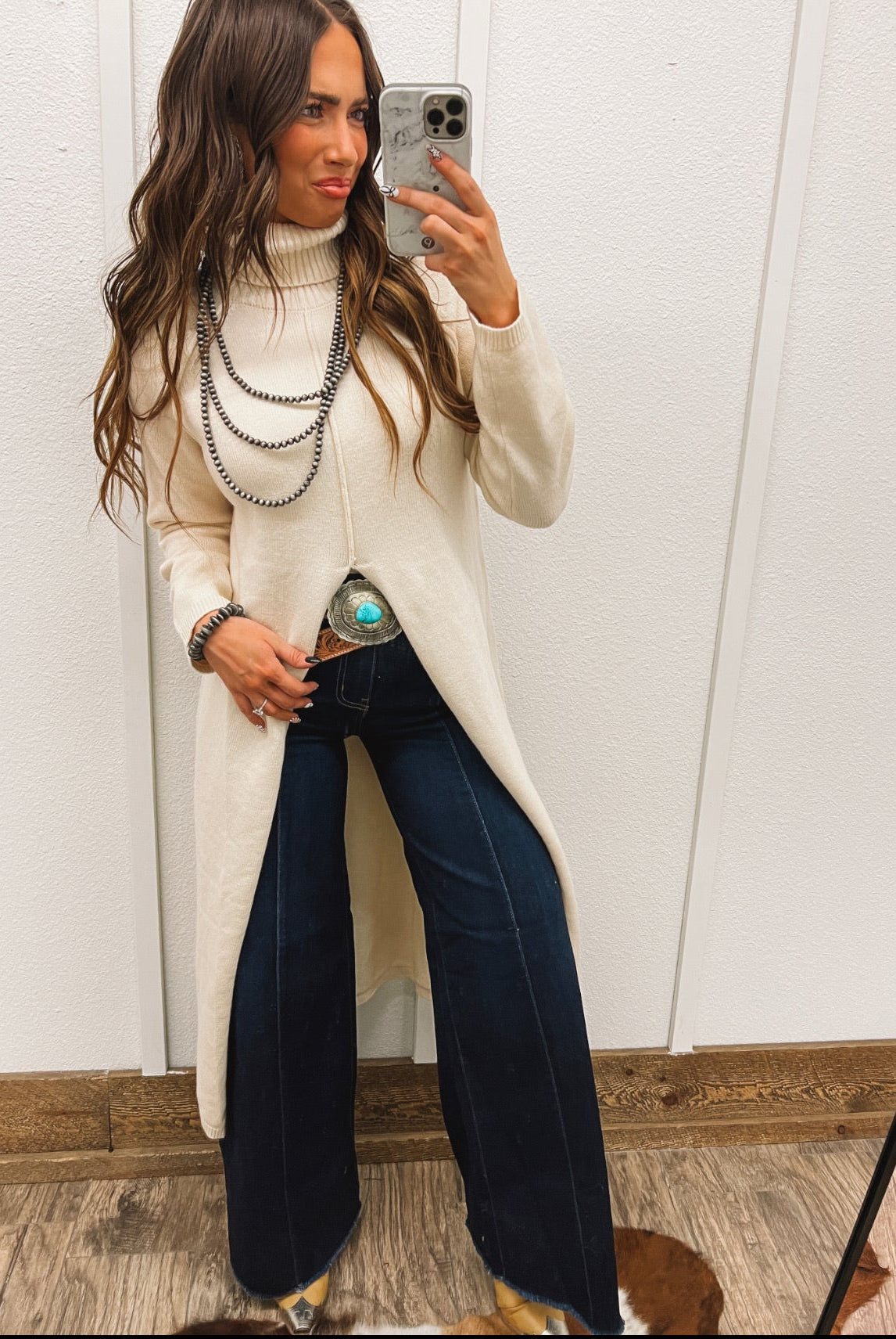 Turtle Neck Sweater Dress With Slit (Ecru) Tops - Sweaters