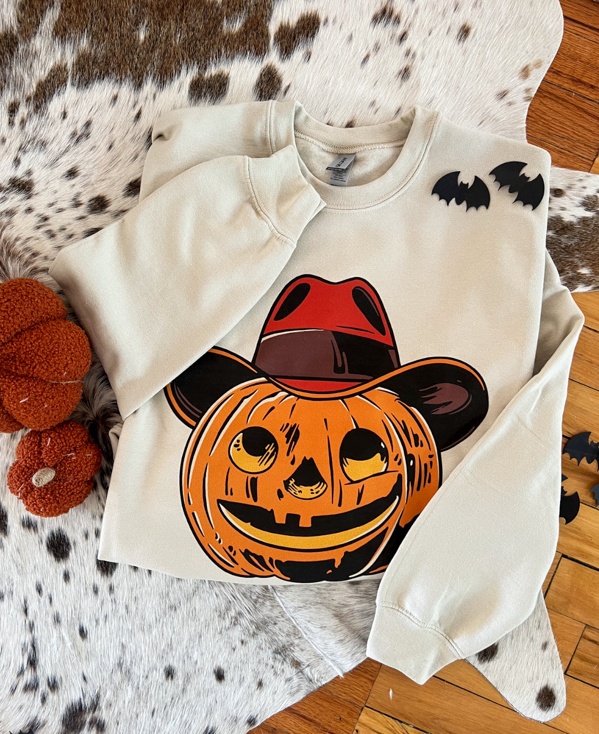 Jack-o-cowboy Halloween Graphic Design Tee or Sweatshirt (Sand)