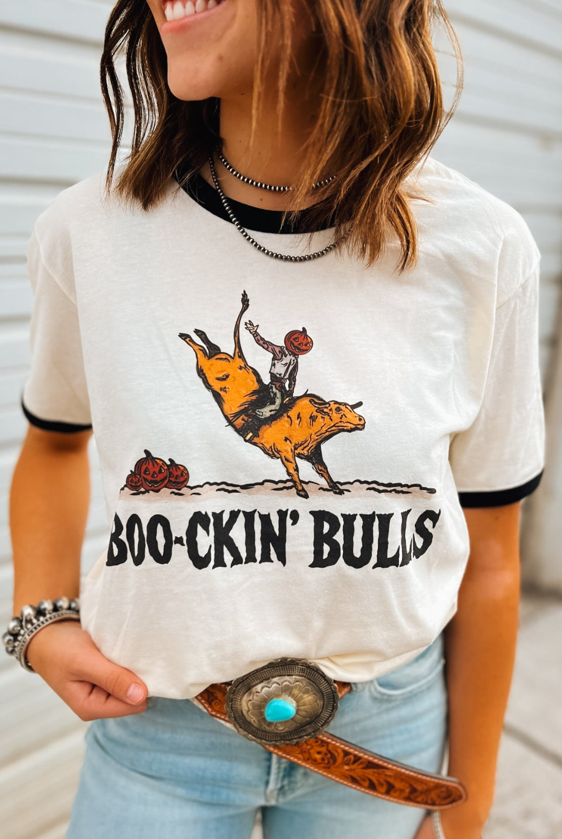 Boo-kin’ Bulls Ringer Tee(Cream/Forest Green)