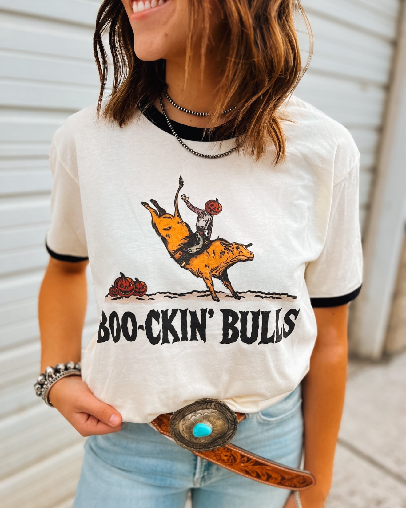 Boo-kin’ Bulls Ringer Tee(Cream/Forest Green)