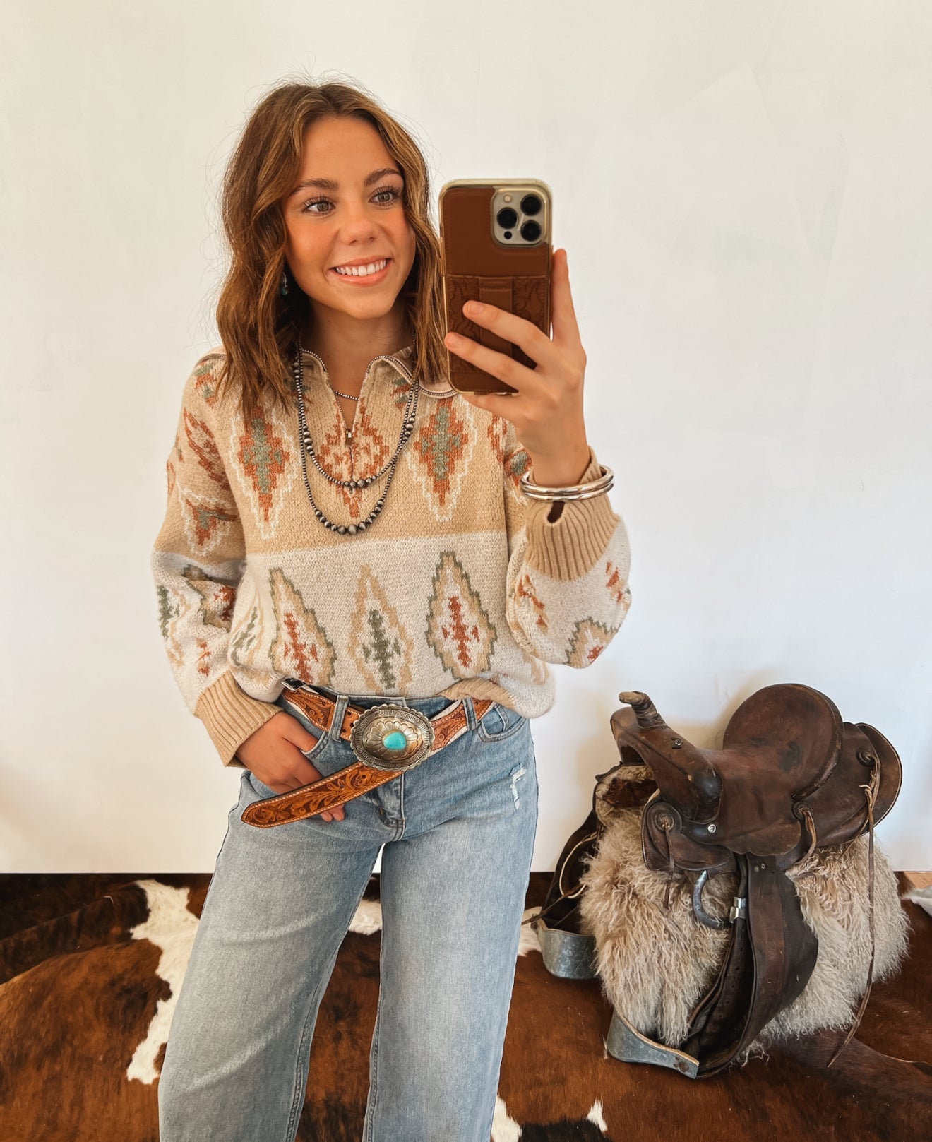 Aztec Half Zip Pullover Sweater Tops - Outwear