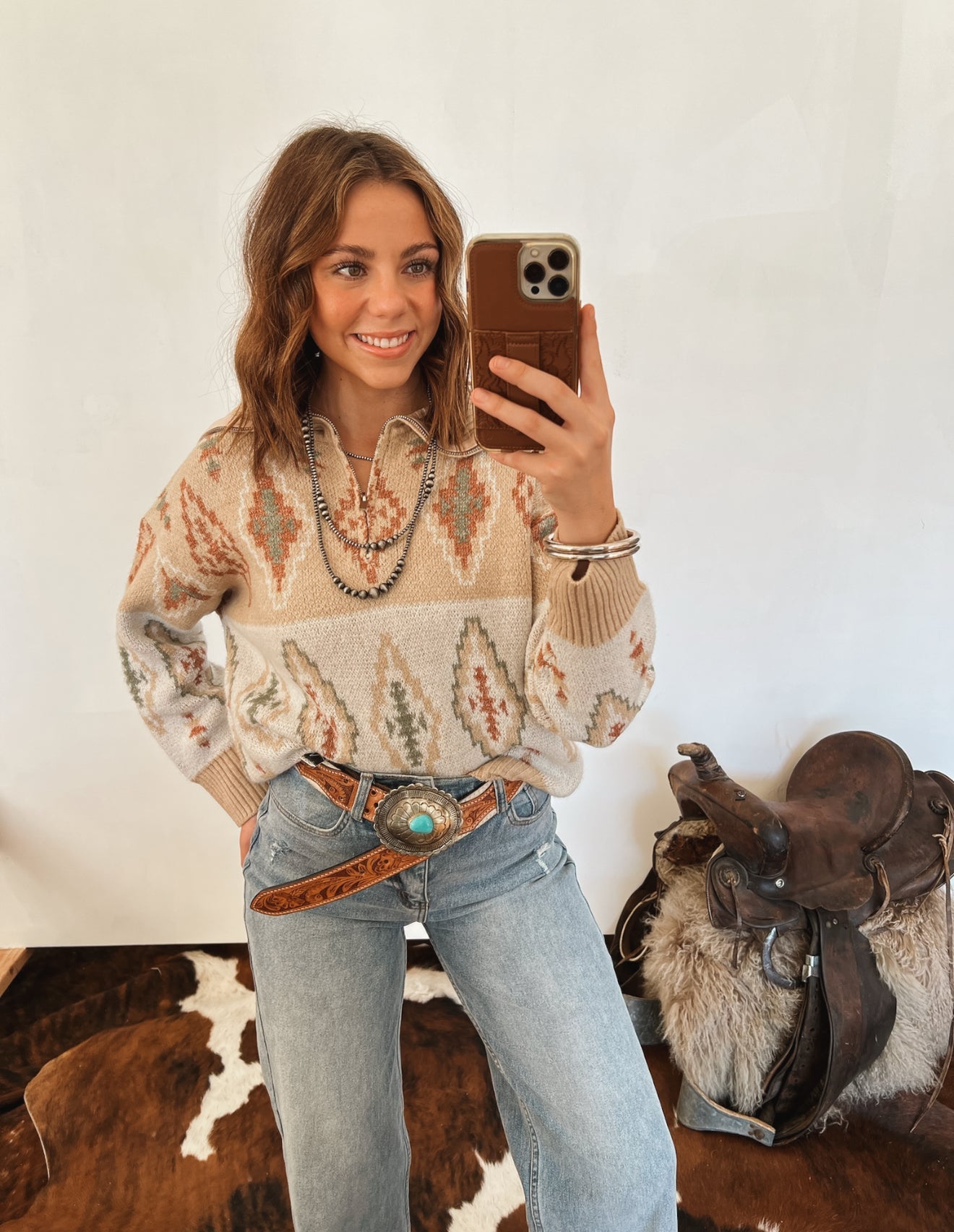 Aztec Half Zip Pullover Sweater Tops - Outwear