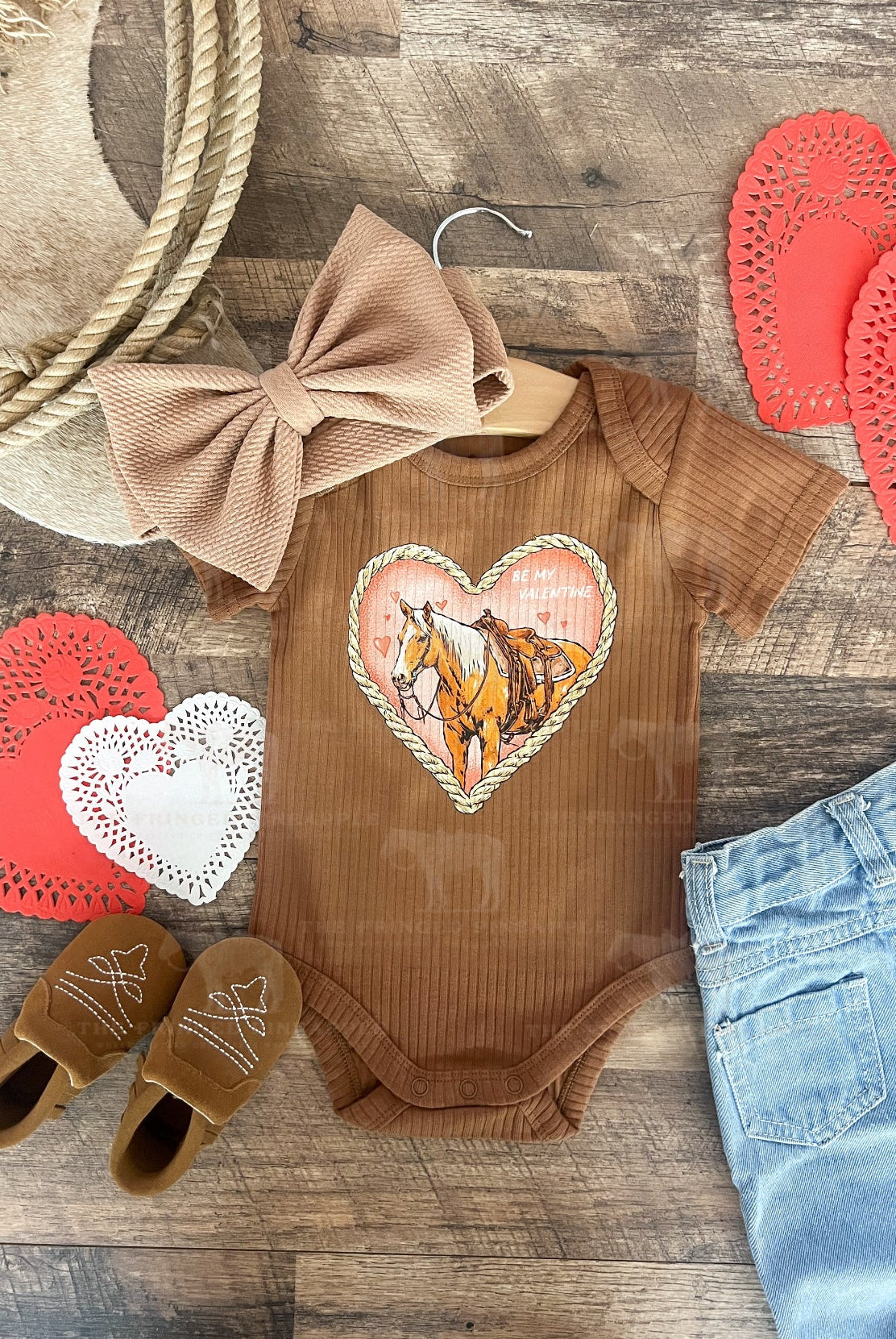Heart Horse Valentines (Ribbed Onesie)(S/S Tee-Toddler/Youth)(Cognac/Coyote)