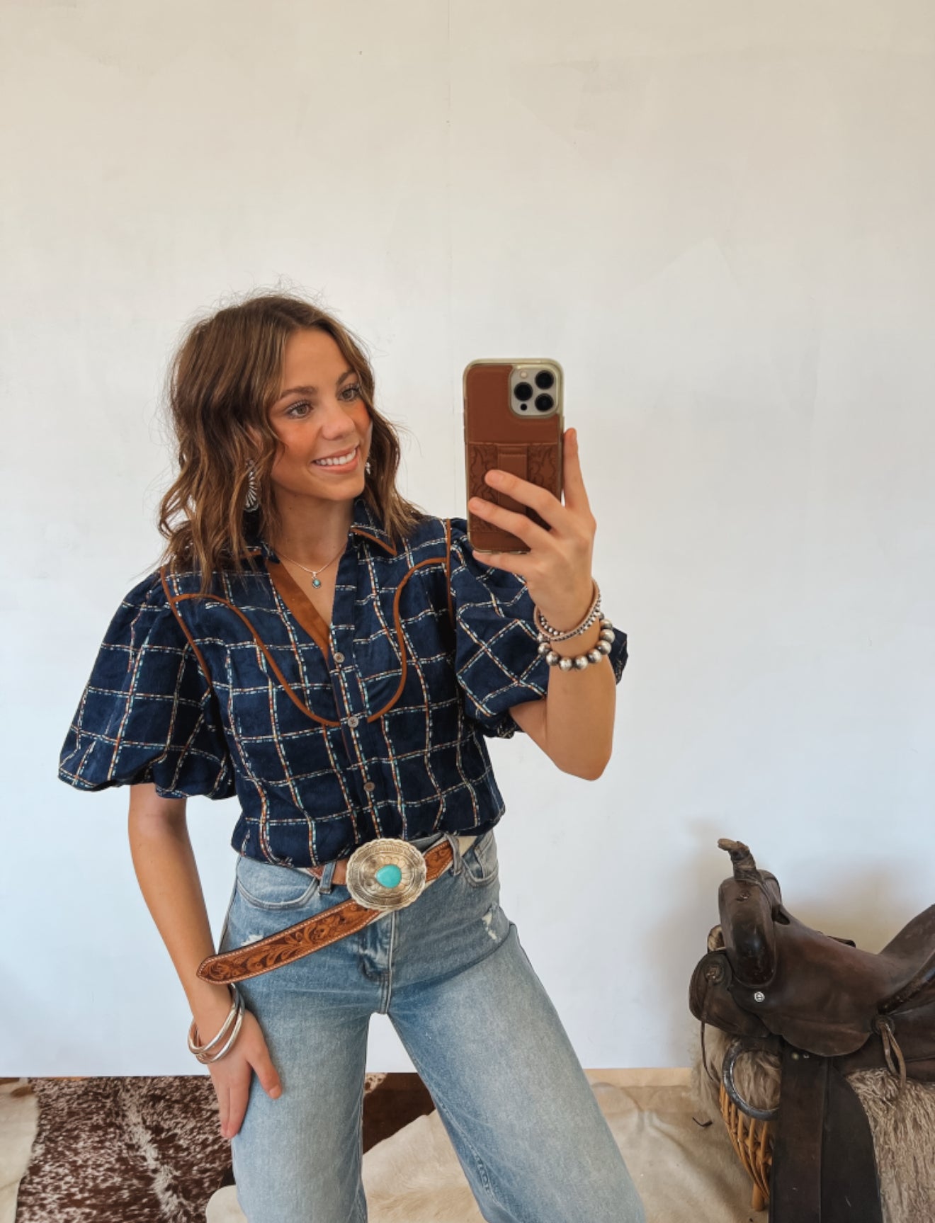 Plaid Puff Sleeve Blouse Tops -Blouses