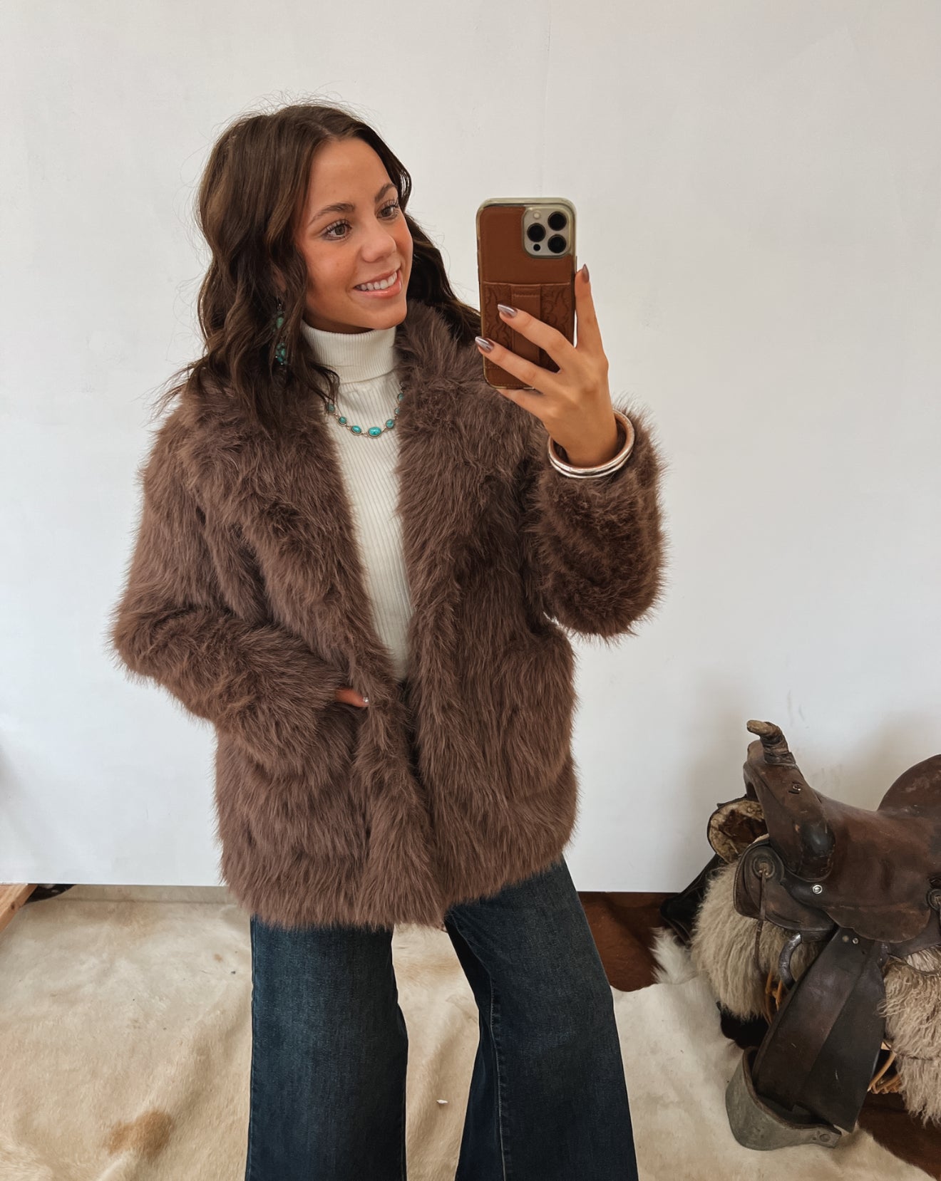 Beth Faux Fur Coat (Mocha) Tops - Outwear