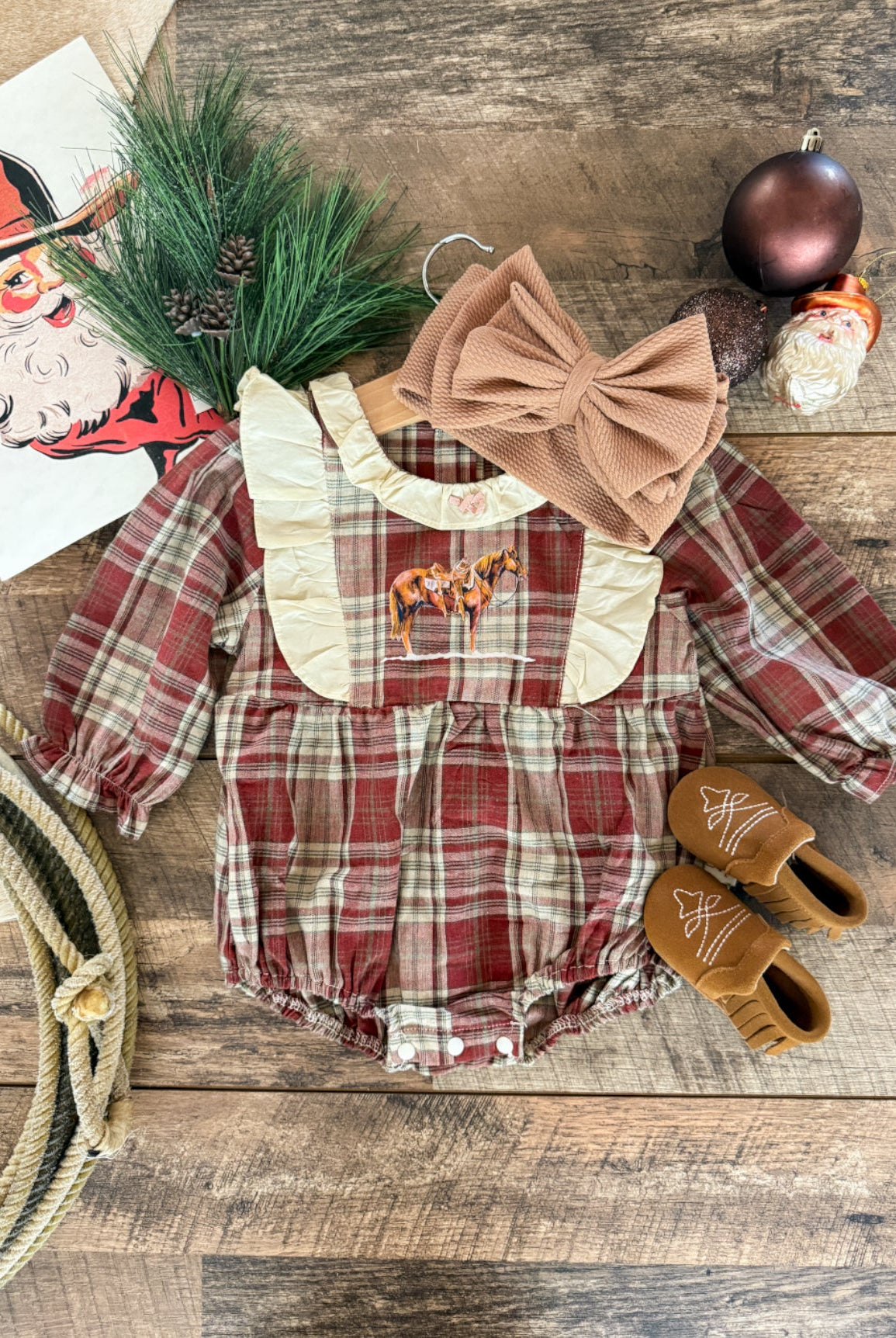 Red Plaid Horse Flannel Romper