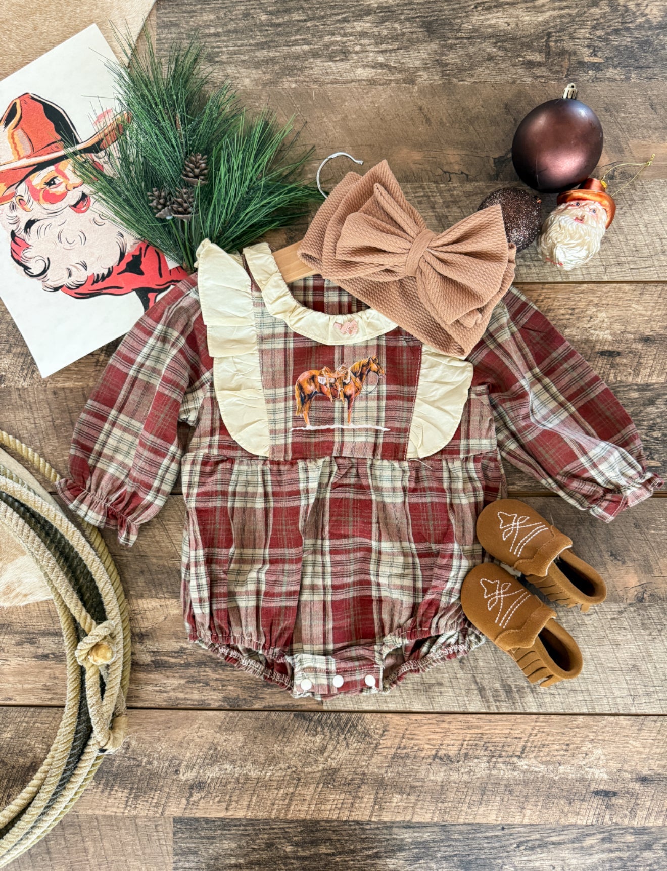 Red Plaid Horse Flannel Romper