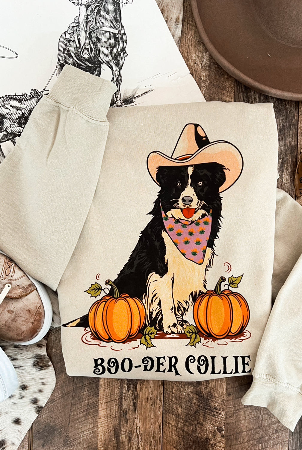Border Collie Western Halloween Graphic Design Tee or Sweatshirt (Sand)