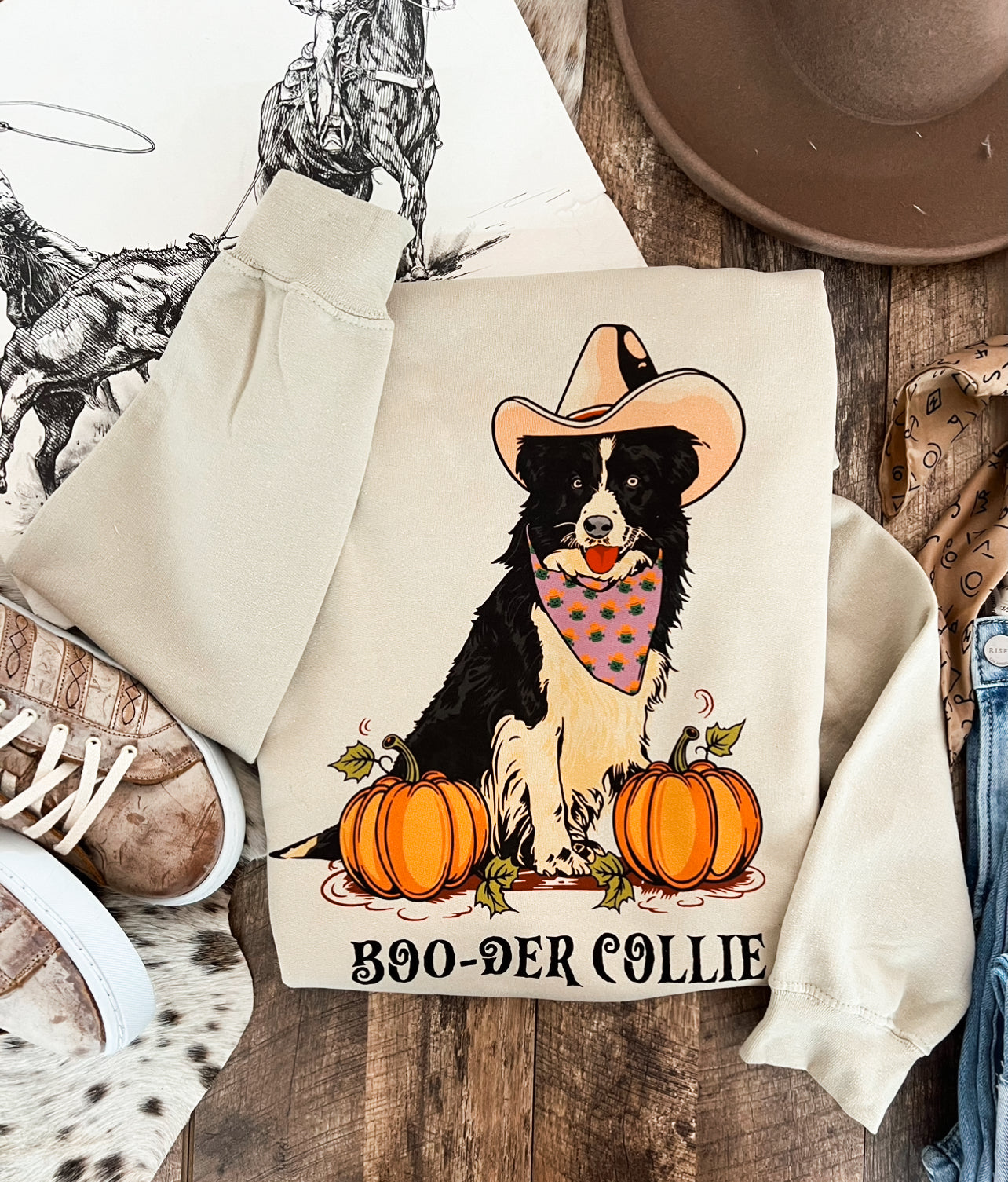 Border Collie Western Halloween Graphic Design Tee or Sweatshirt (Sand)