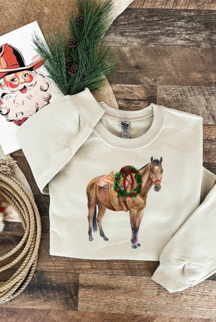 Wreath Horse Christmas Tee or Sweatshirt (cream)