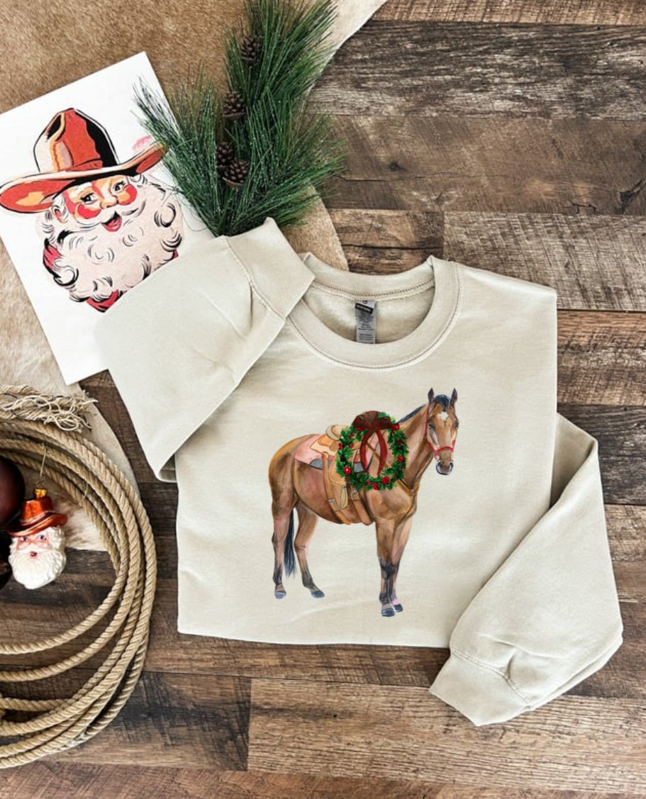 Wreath Horse Christmas Tee or Sweatshirt (cream)