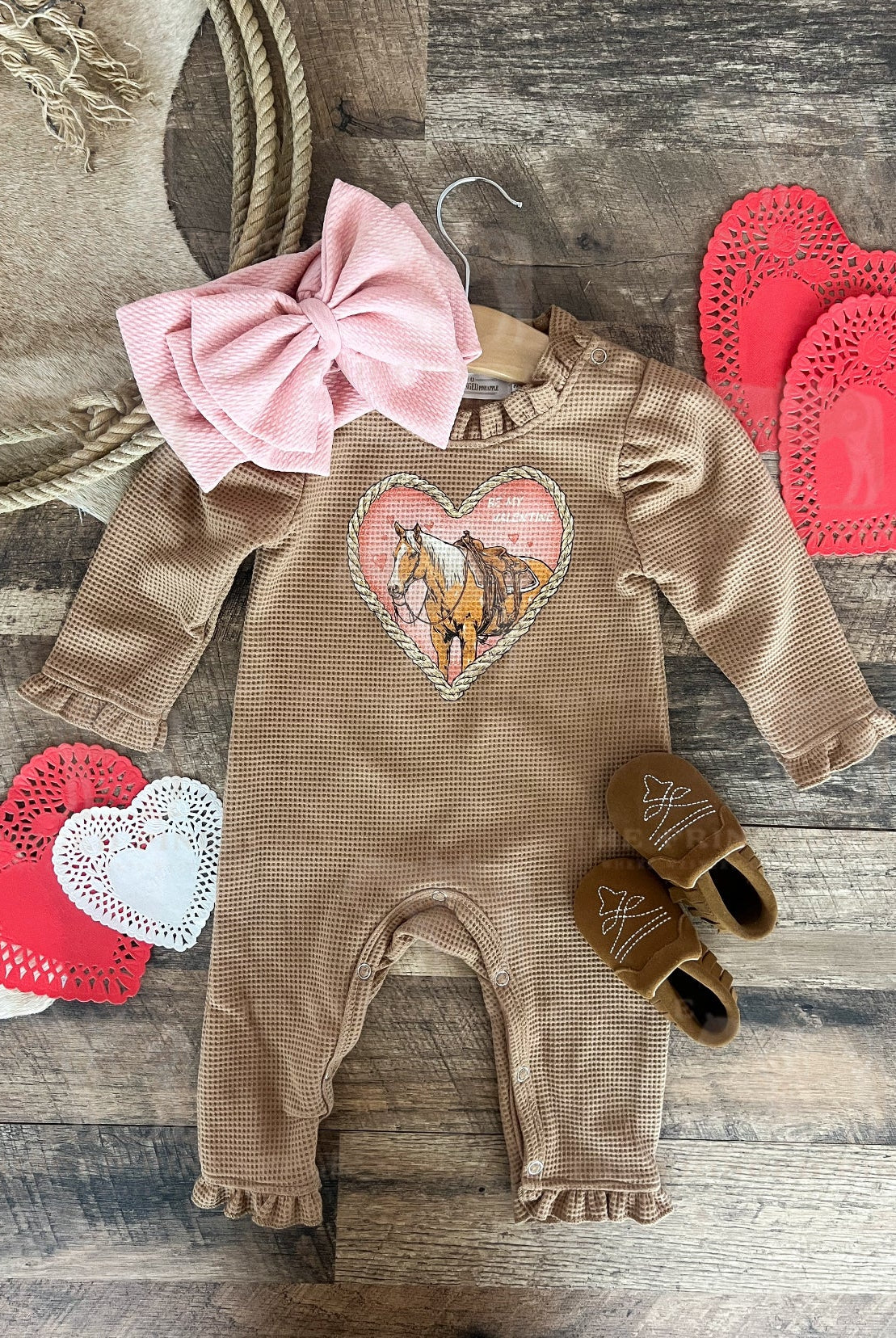 Heart Horse Valentines Waffle Romper(Infant)(Cognac)