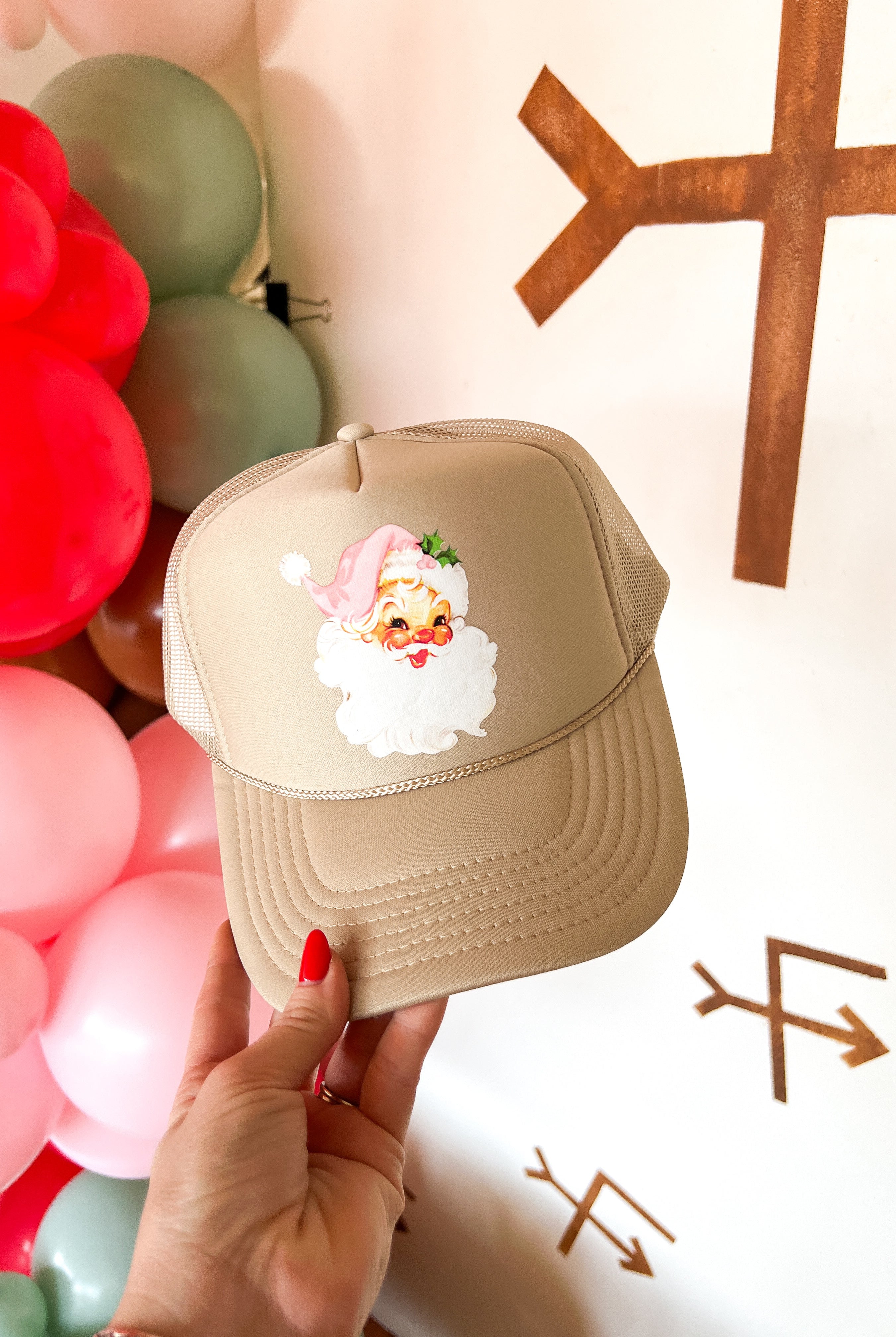 Cheerful Santa Christmas Trucker Hat (Adult) Santa - Tan