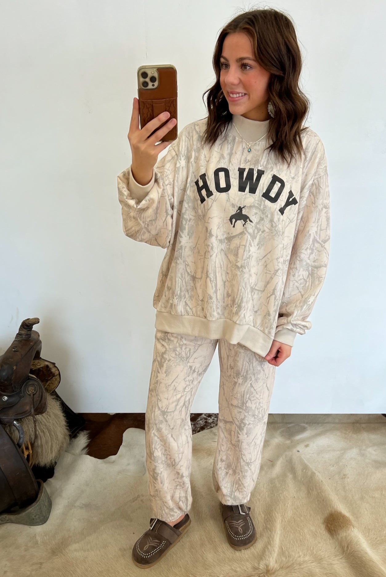 Howdy Western Oversized Mock Neck Set (Taupe Camo)