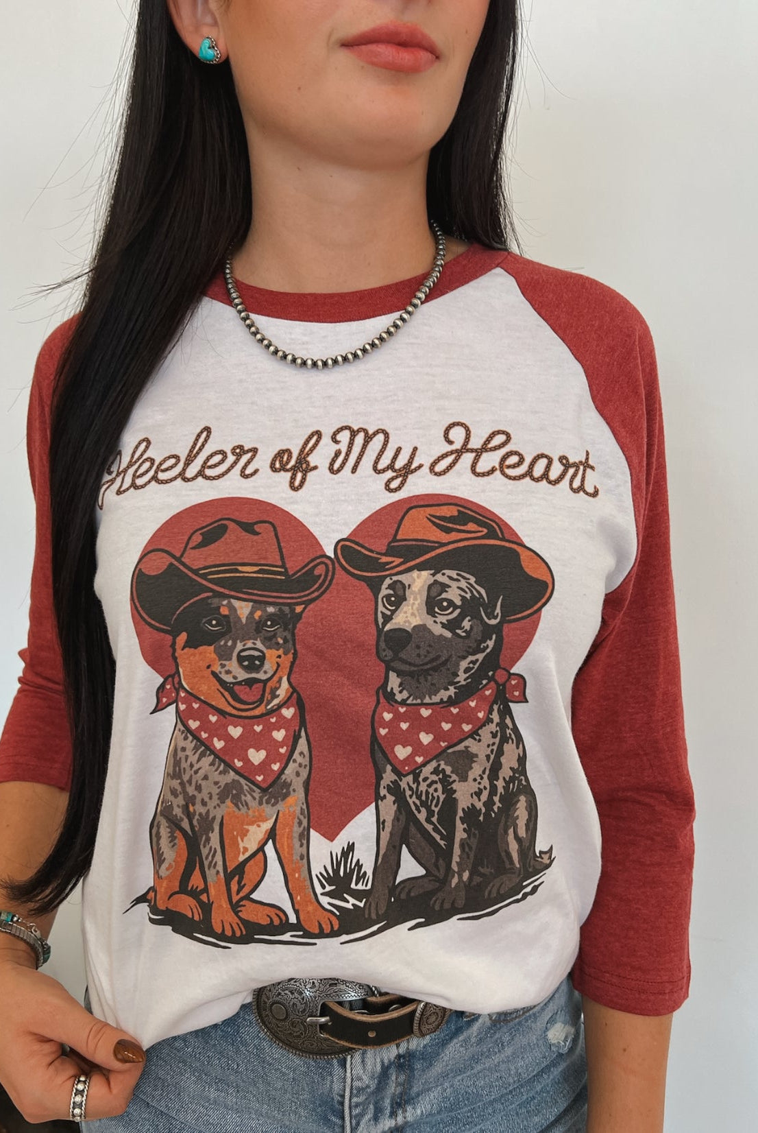 Heeler Of My Heart Valentines Raglan Tee — Heather Red/Cream