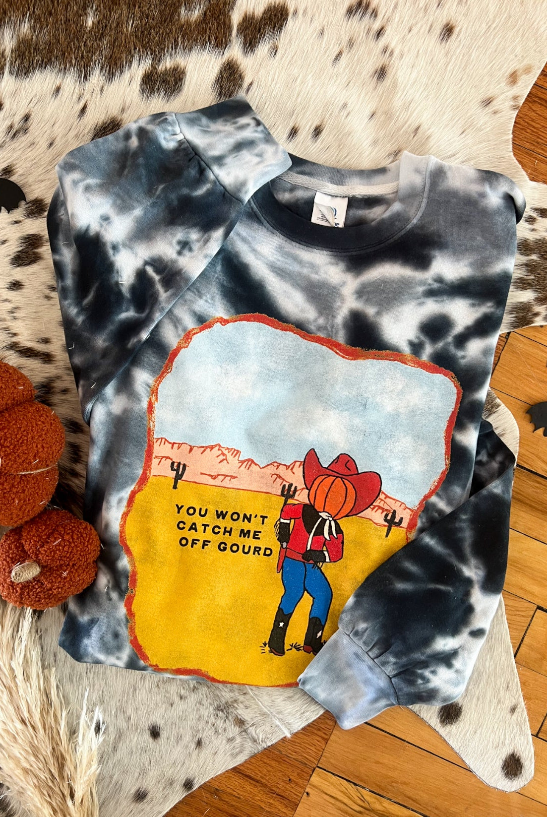 Caught off Gourd Halloween Graphic Design Tee or Sweatshirt (black marble)