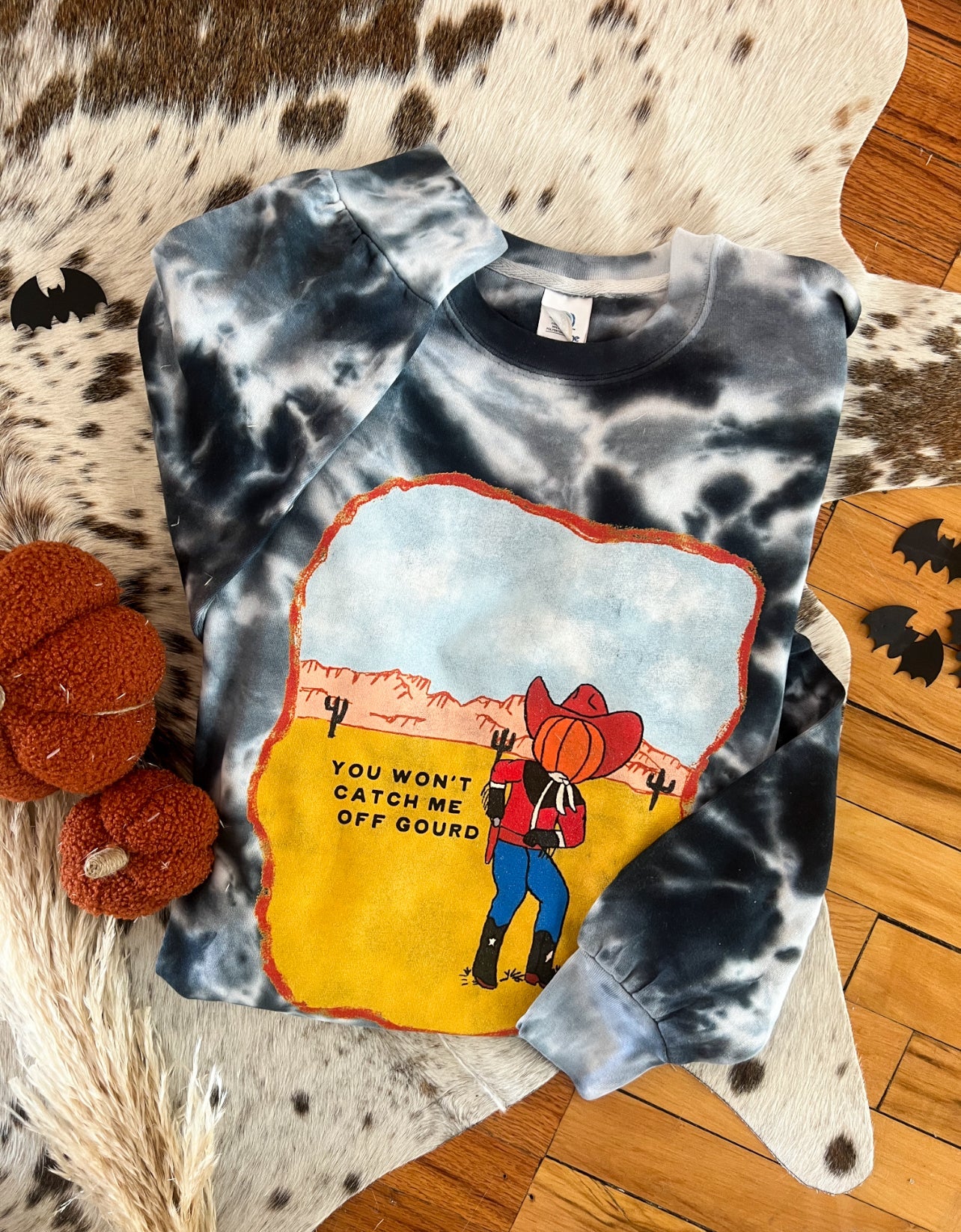 Caught off Gourd Halloween Graphic Design Tee or Sweatshirt (black marble)