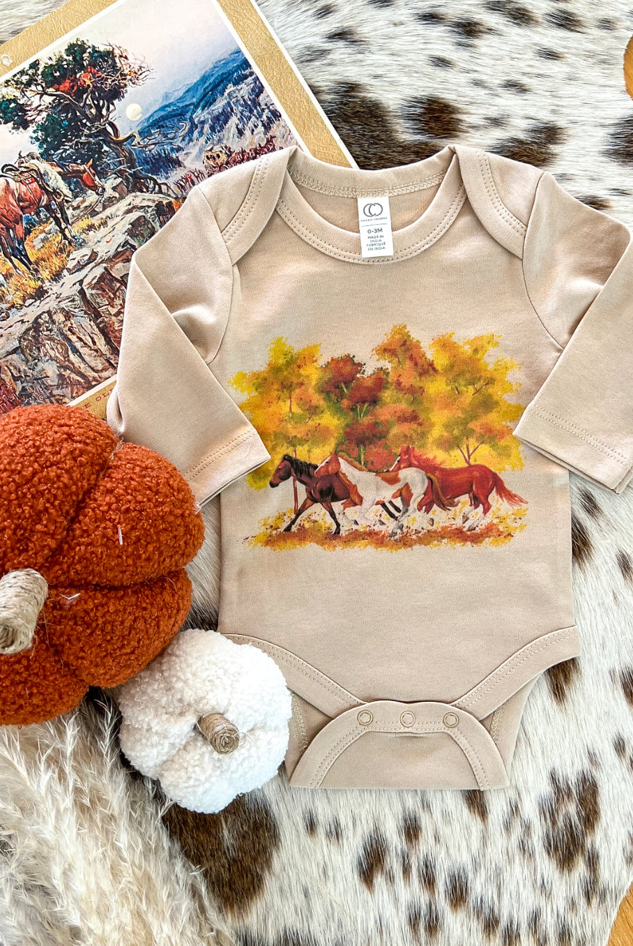 Fall Horses Longsleeve Onesie(little kid)(clay)