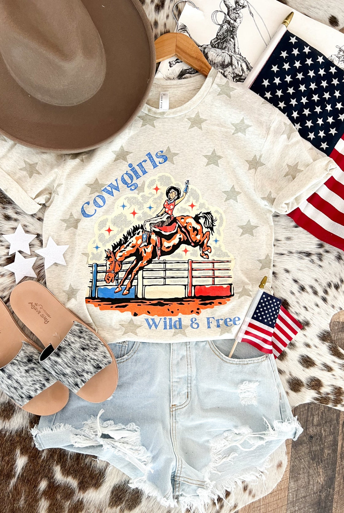 Western 4th Of July-Cowgirls Wild & Free Stars Cream Tee